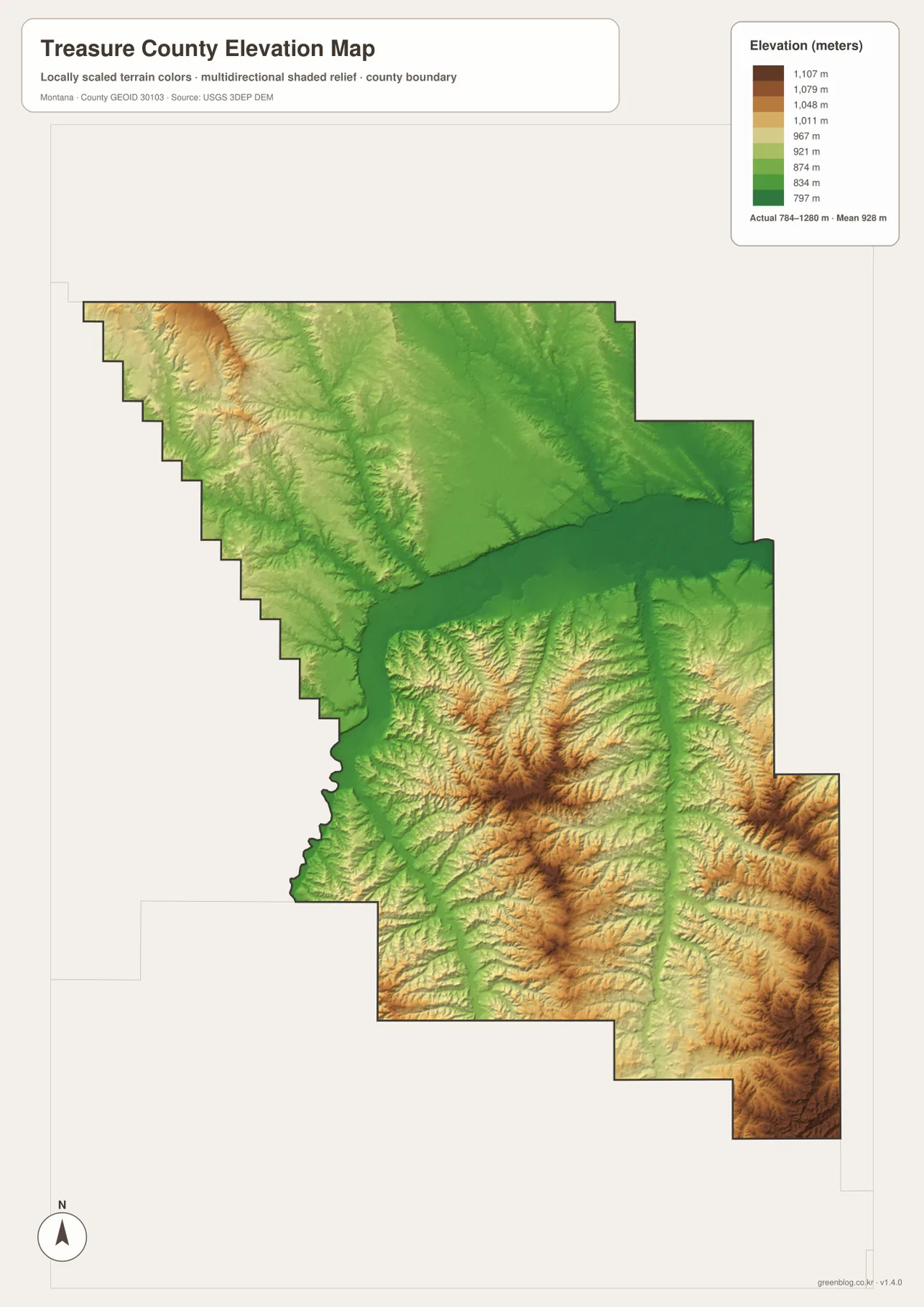 Treasure County elevation map showing the low Yellowstone River corridor and higher southern uplands
