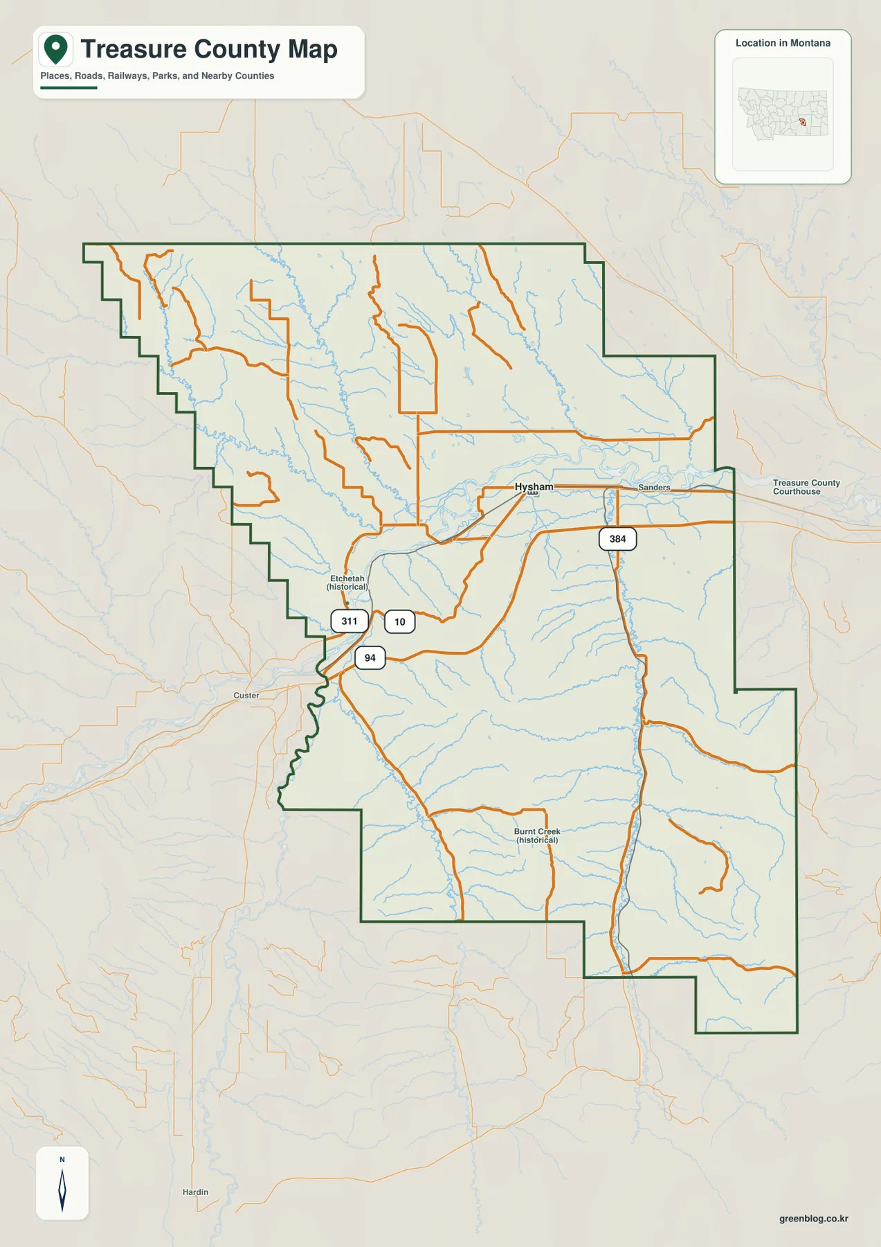 Treasure County Montana map showing Hysham, roads, county boundary, and nearby places