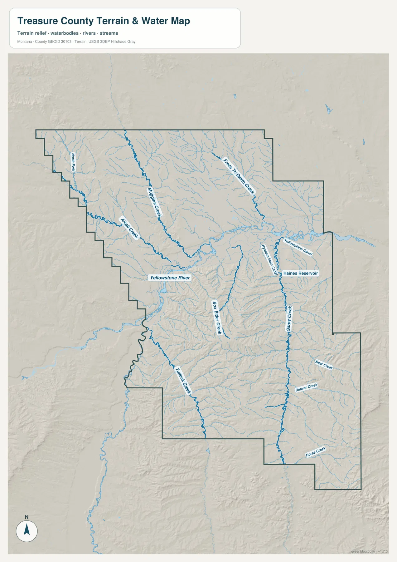 Treasure County water map showing the Yellowstone River, Sarpy Creek, and tributaries