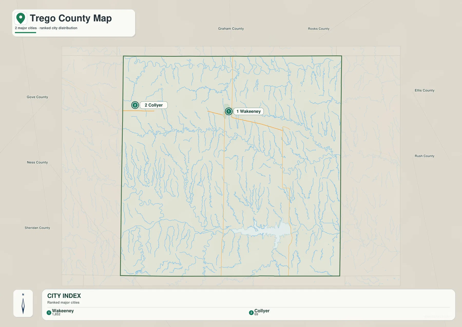 Trego County Kansas city map showing WaKeeney and Collyer