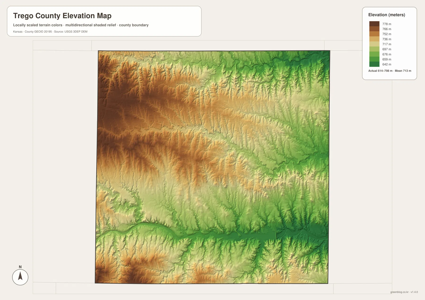 Trego County Kansas elevation map showing 614 to 798 meter relief, high western uplands and lower river valleys