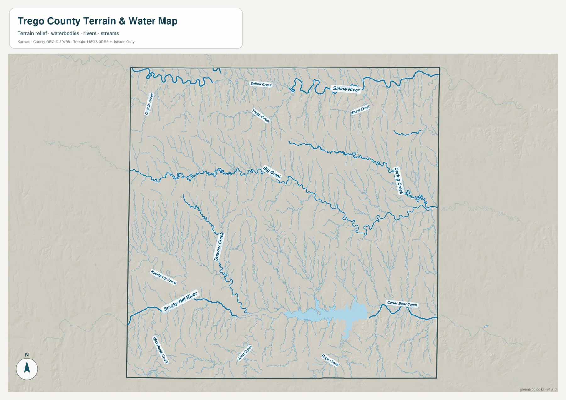 트레고 카운티 Saline River, Big Creek, Smoky Hill River, Cedar Bluff Reservoir와 주요 지류 수역 지도