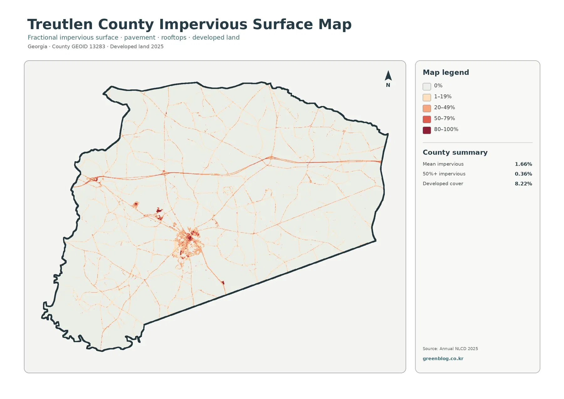 Treutlen County impervious surface and developed land map