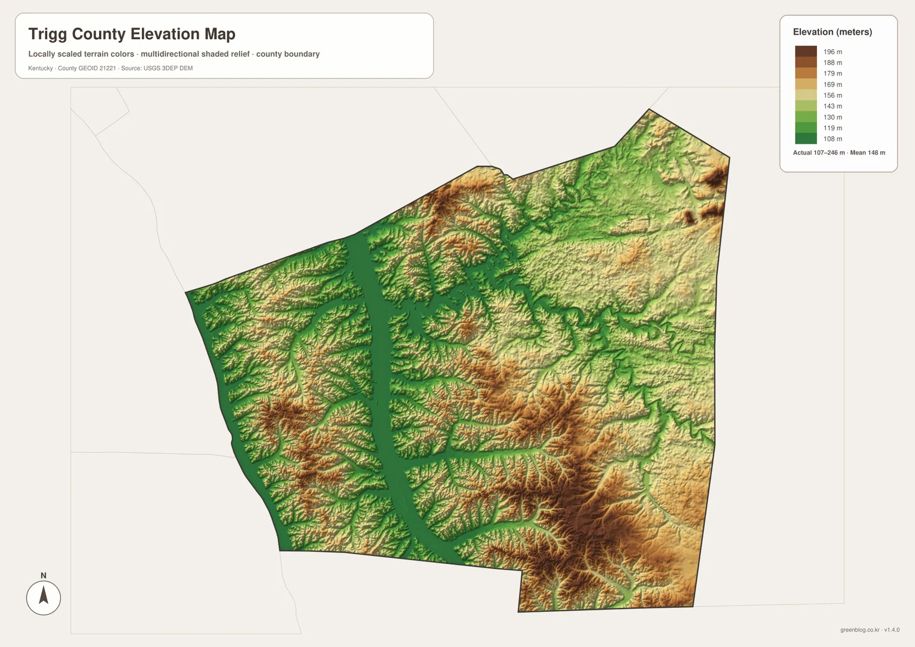 Trigg County elevation map showing an actual range of about 107 to 246 meters and mean elevation near 148 meters