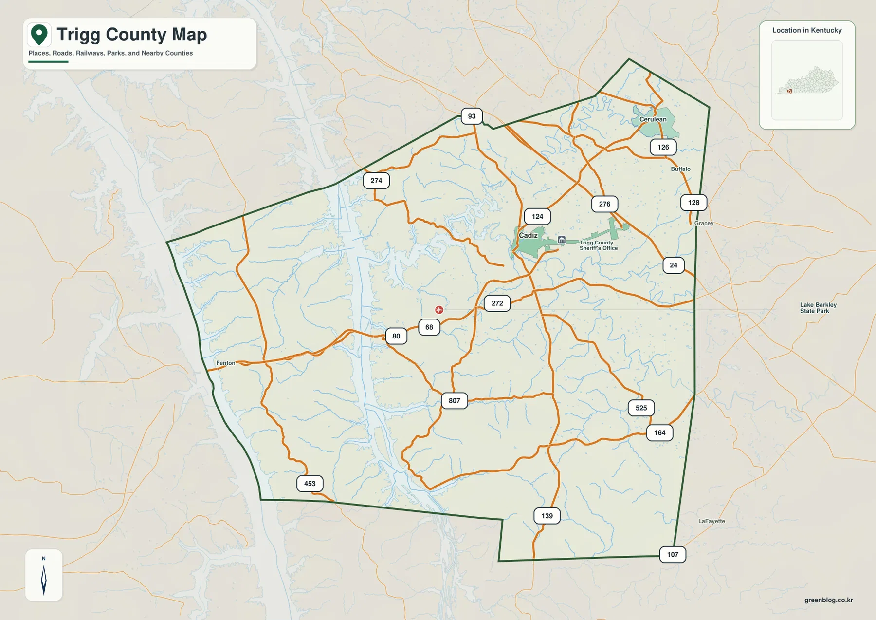 Trigg County map showing Cadiz, Cerulean, Fenton, US 68 and 80, KY 139, 124, 276, 272, 807, and other roads