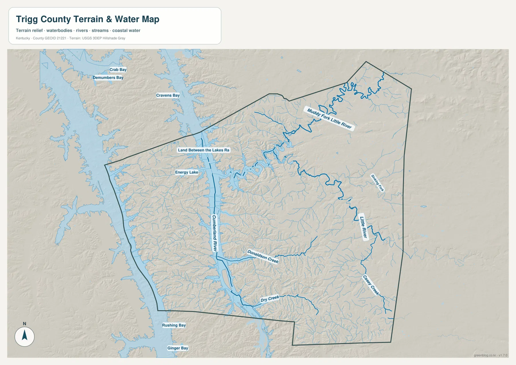 Trigg County terrain and water map with Lake Barkley, Cumberland River, Little River, Muddy Fork Little River, Donaldson Creek, Dry Creek, Casey Creek, Sinking Fork, and Energy Lake
