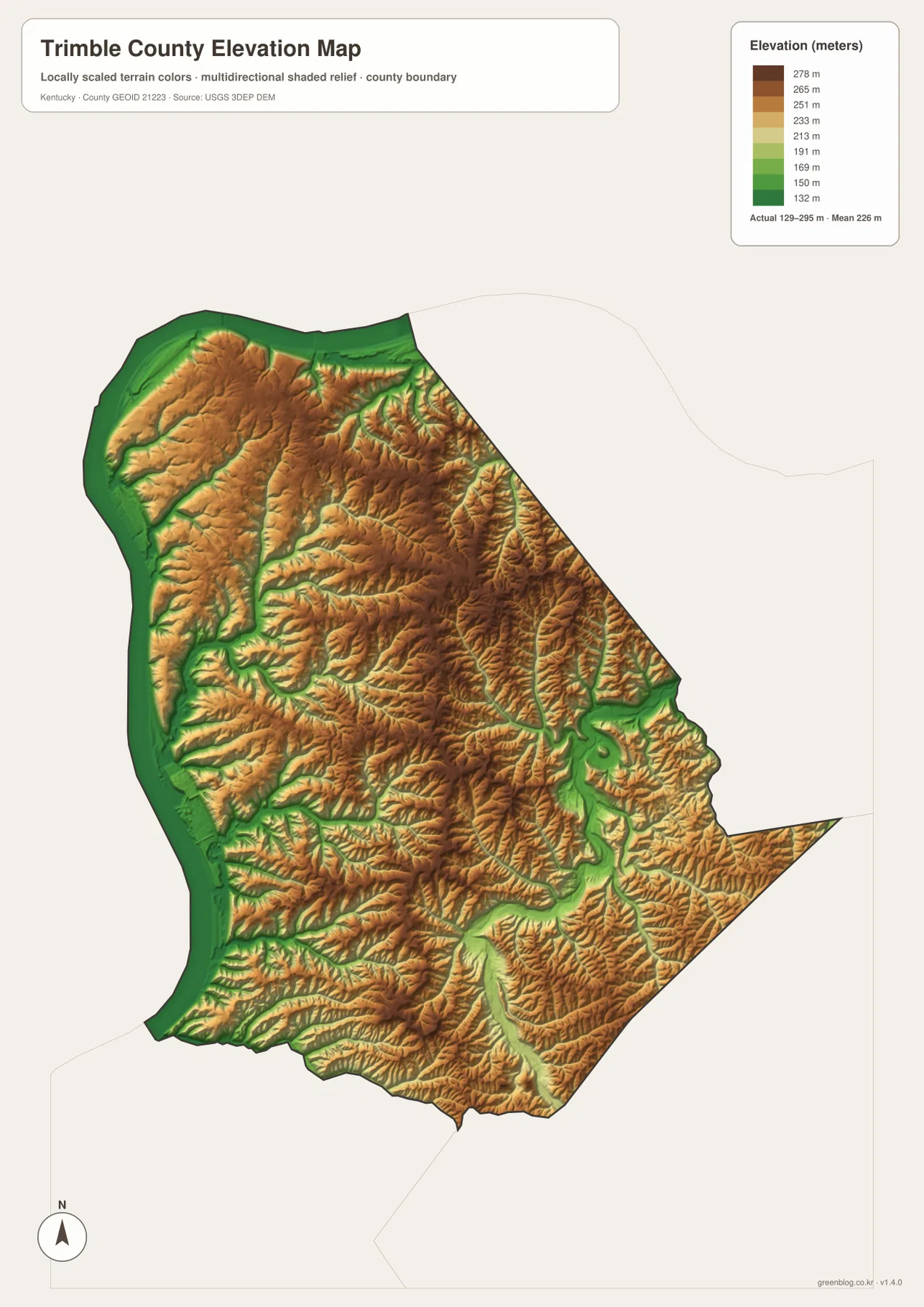 Trimble County elevation map showing an actual range of about 129 to 295 meters and a mean near 226 meters