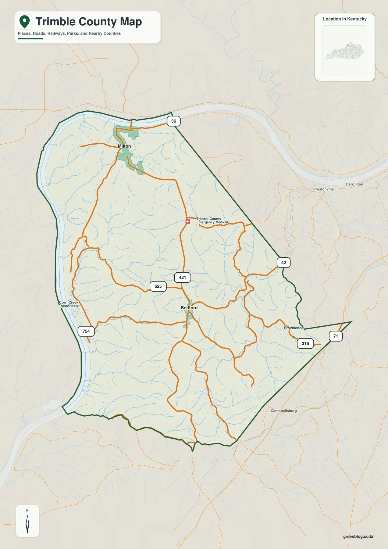 Trimble County road map showing Milton, Bedford, US 421, KY 36, KY 42, KY 625, KY 754, KY 316, and KY 71