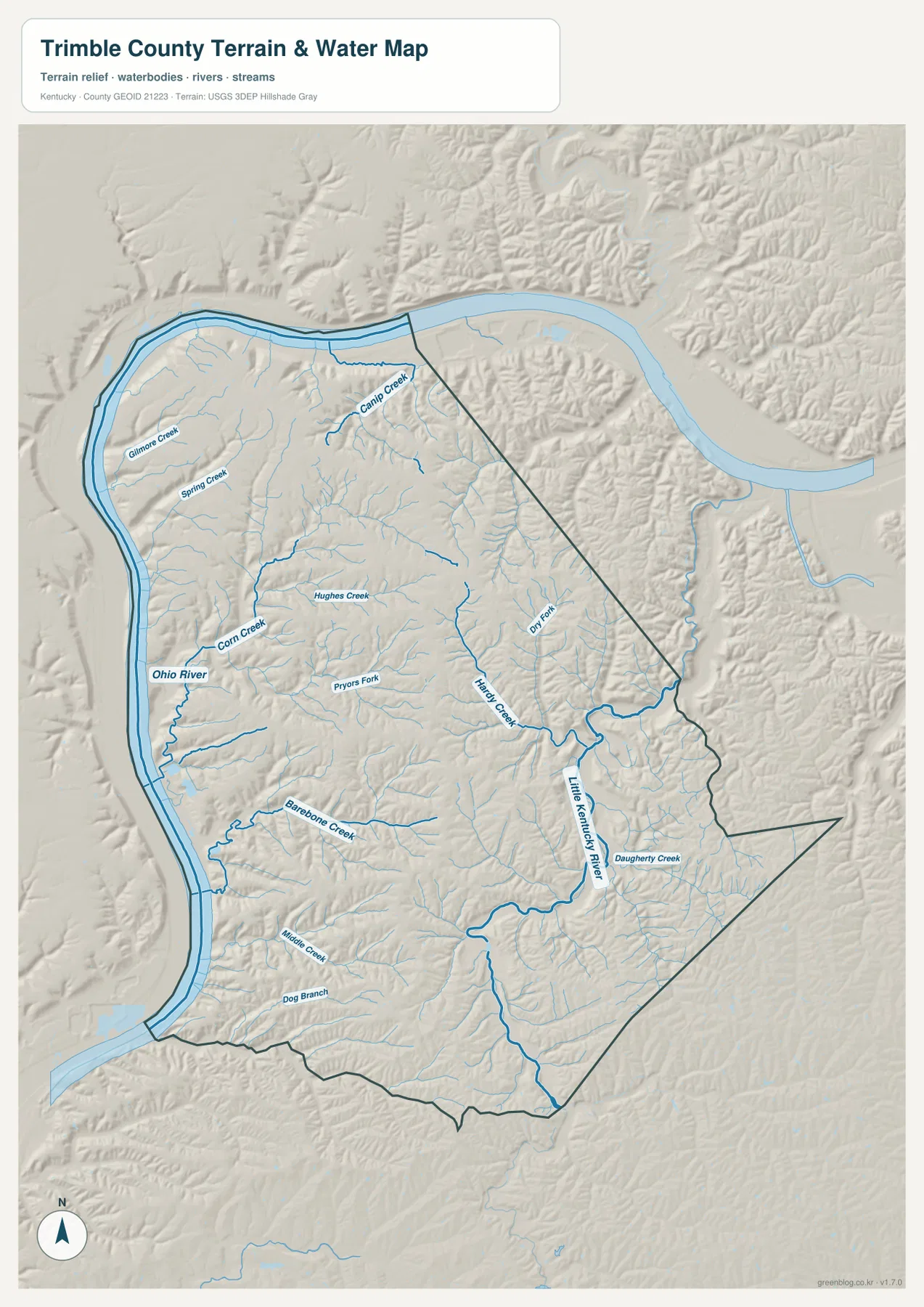 Trimble County terrain and water map showing the Ohio River, Little Kentucky River, Corn Creek, Hughes Creek, Spring Creek, Canip Creek, Barebone Creek, and Daugherty Creek