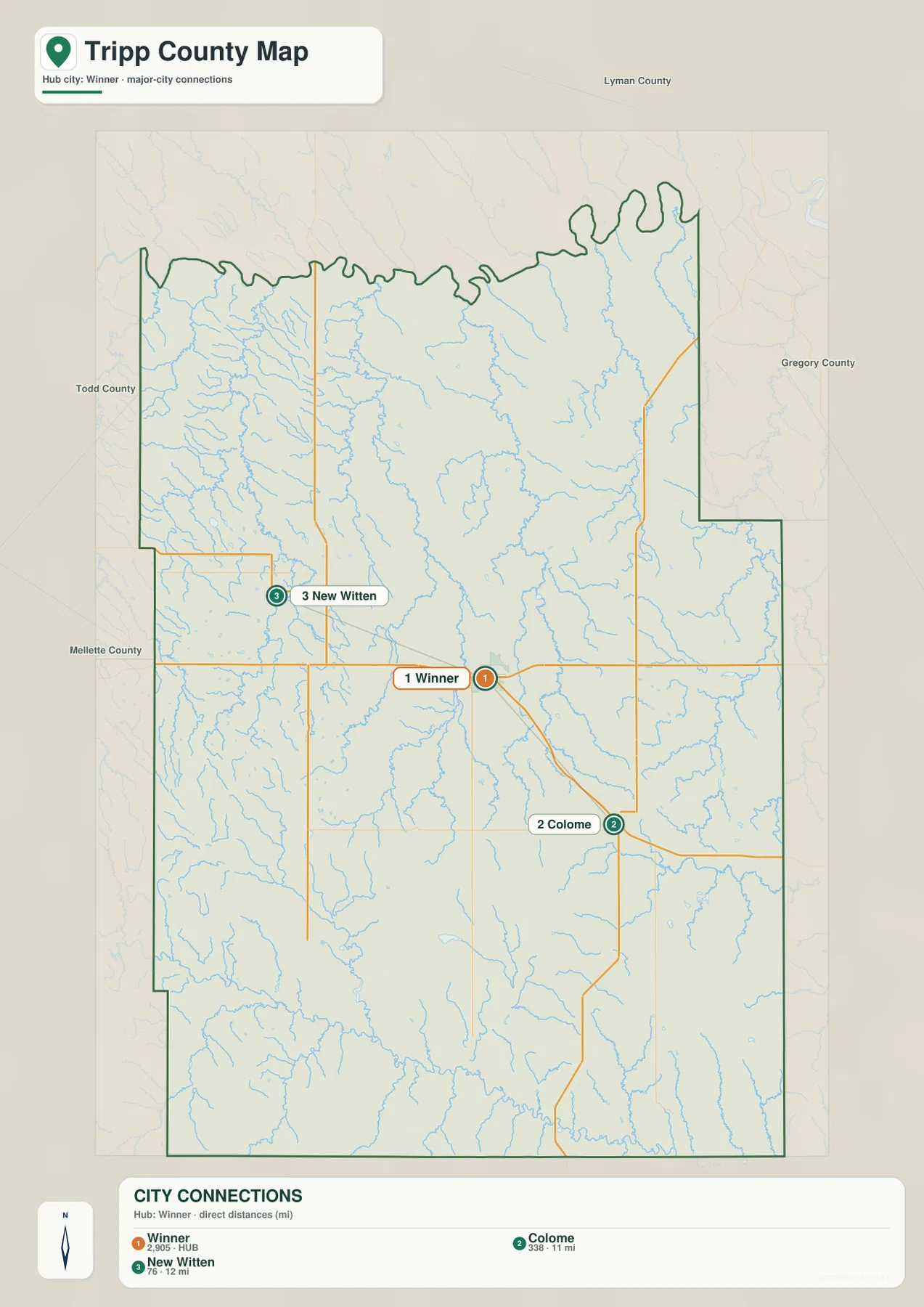 Tripp County city connection map showing Winner, Colome, New Witten, and direct distances