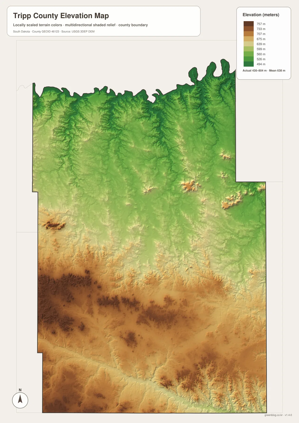 Tripp County elevation map showing lower northern terrain and higher southern uplands
