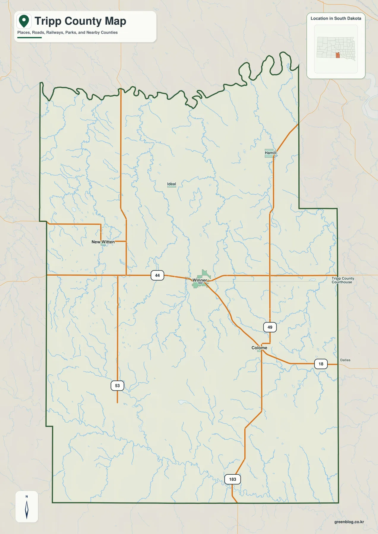 Tripp County map showing Winner, Colome, New Witten, SD 44, SD 49, US 18, and other major routes