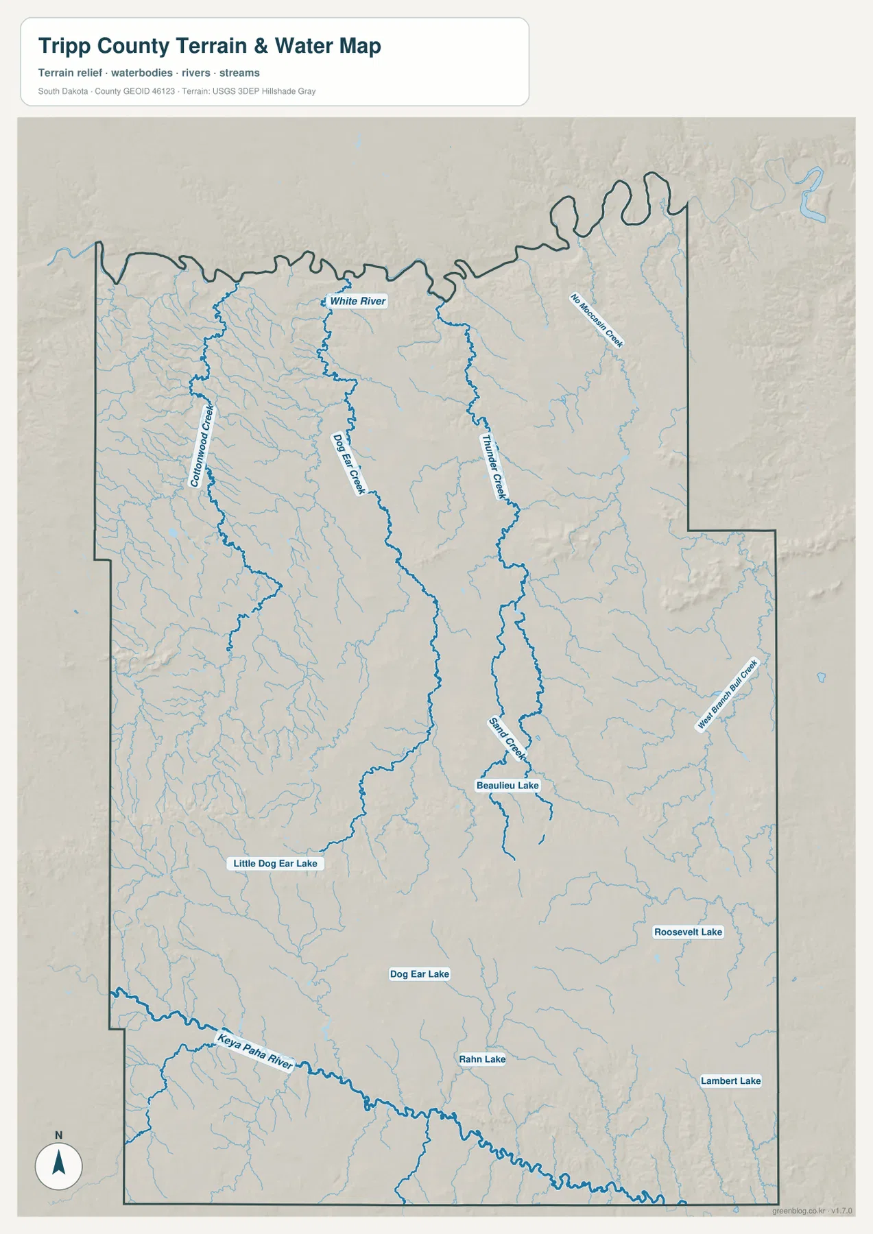 Tripp County water map showing White River, Keya Paha River, Dog Ear Creek, Thunder Creek, and named lakes