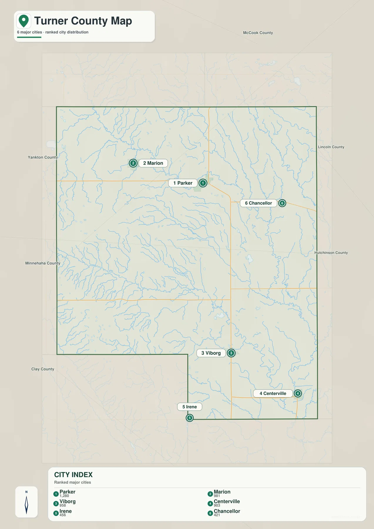 Turner County city map comparing Parker, Marion, Viborg, Centerville, Irene, and Chancellor