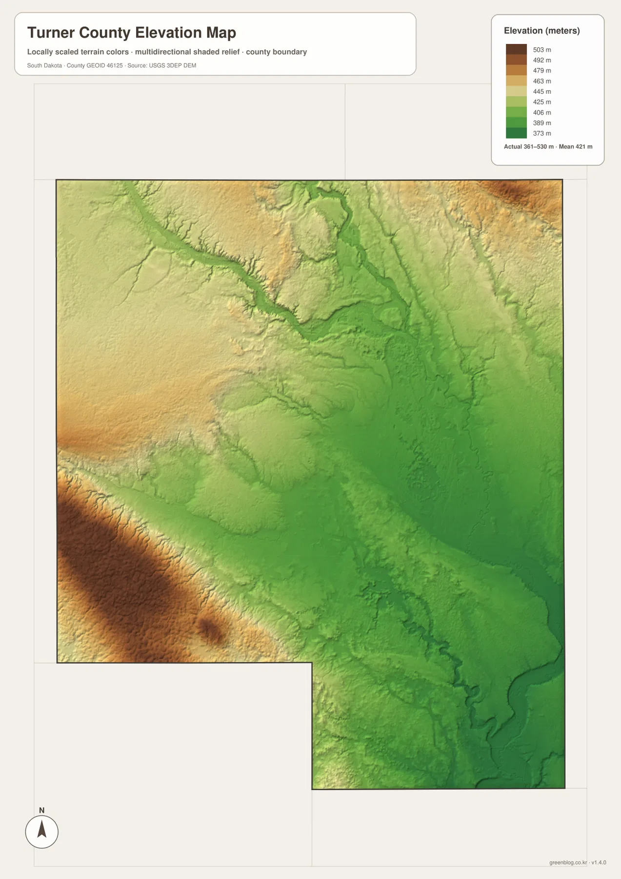 Turner County elevation map showing higher southwest terrain and lower Vermillion River valleys