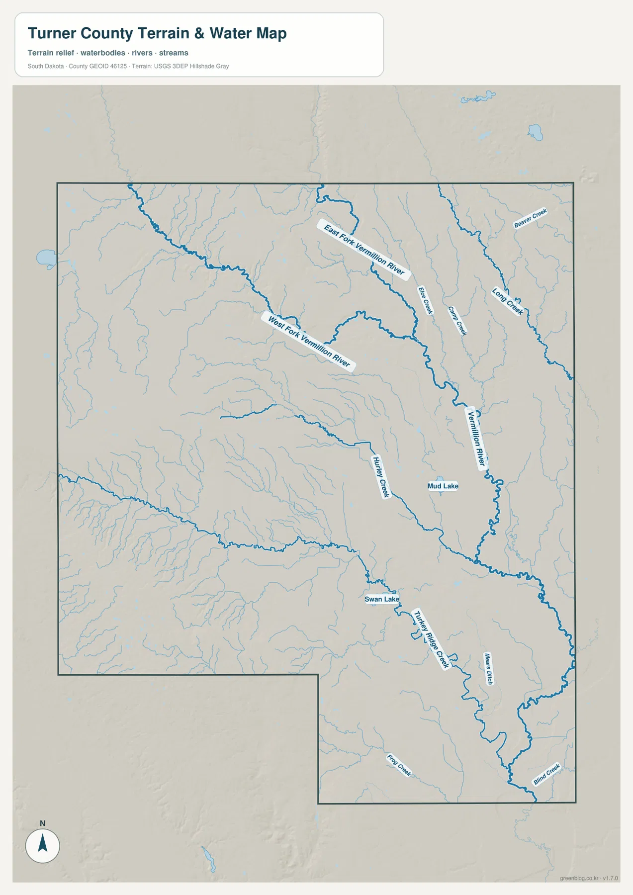 Turner County water map showing East Fork and West Fork Vermillion River, Swan Lake, and tributary creeks