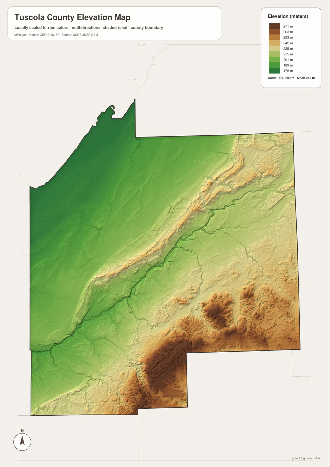 Tuscola County elevation map showing the 176–299 meter range, Saginaw Bay lowlands, diagonal central high ground, and southern hills