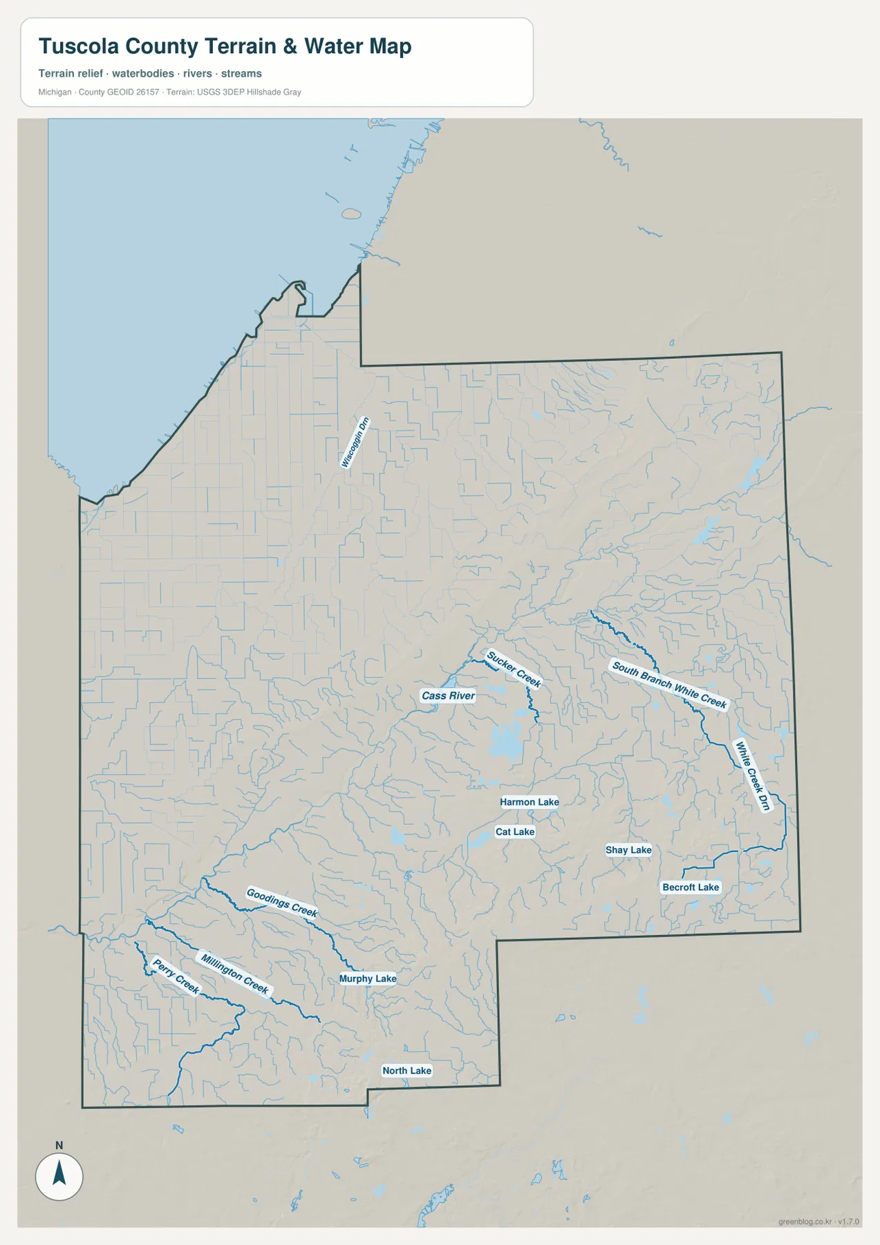 Tuscola County water map showing the Cass River, Sucker Creek, White Creek branches, Goodings Creek, Murphy Lake, and other waters