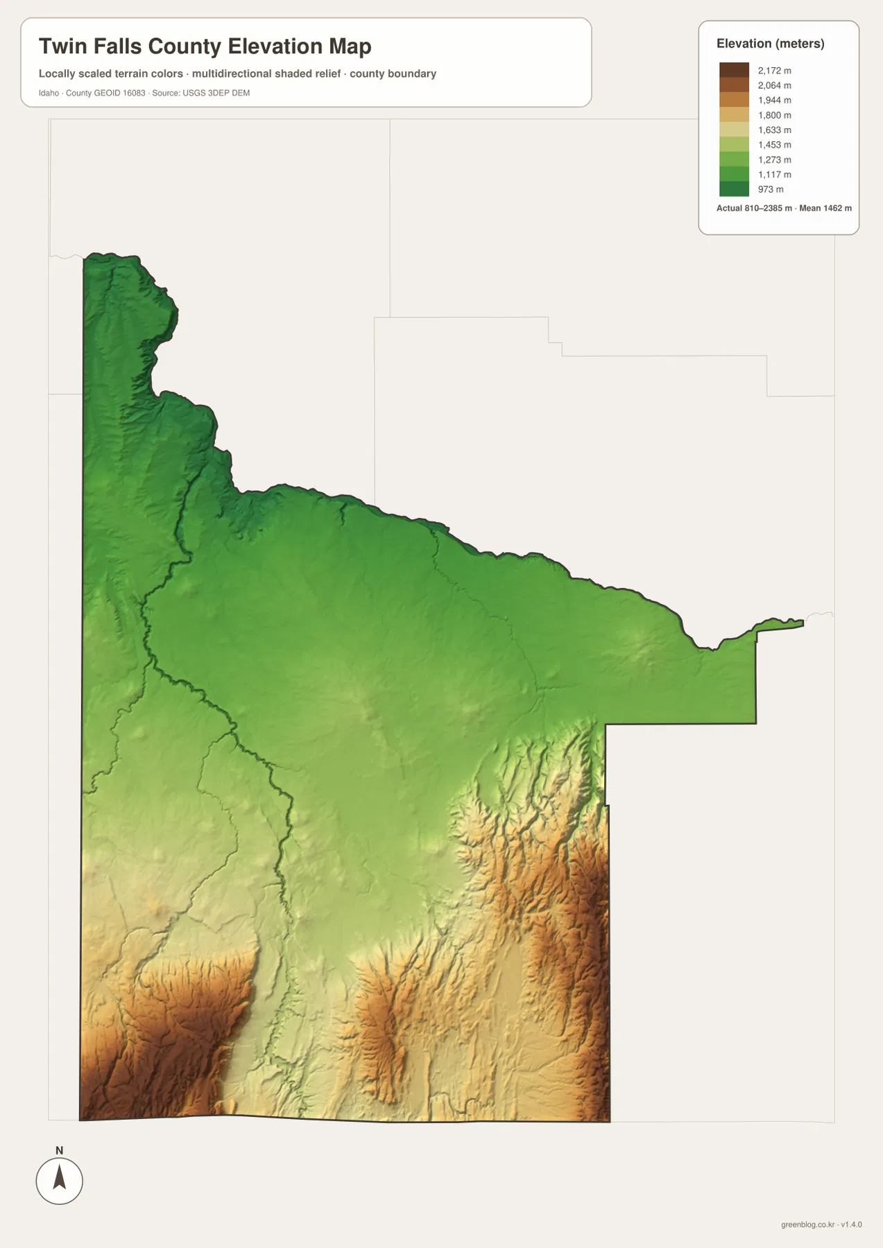 Twin Falls County elevation map showing lower northern terrain and higher southern relief with an overall range of about 810 to 2385 meters