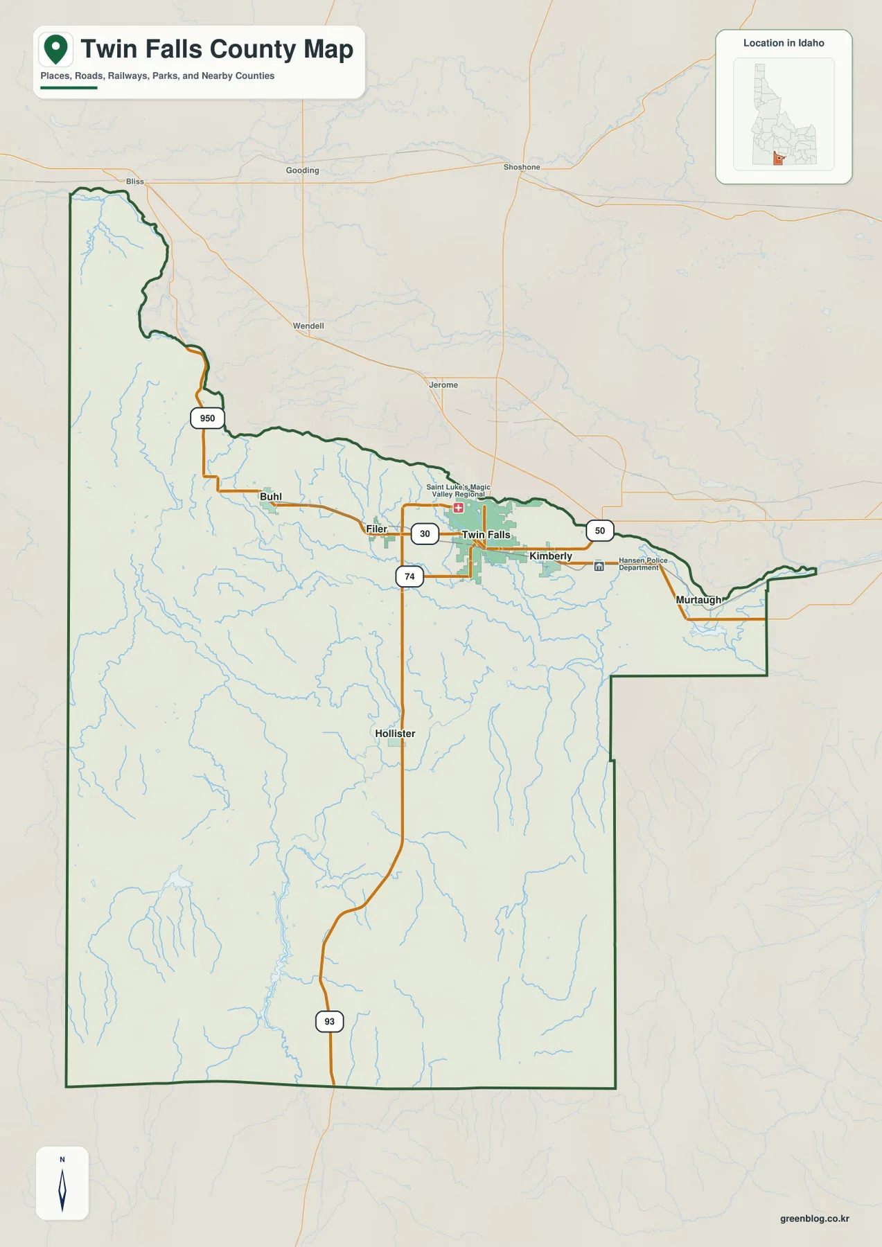 Twin Falls County map showing Twin Falls, Buhl, Filer, Kimberly, Hansen, Murtaugh, US 93, major roads, streams, and the county boundary