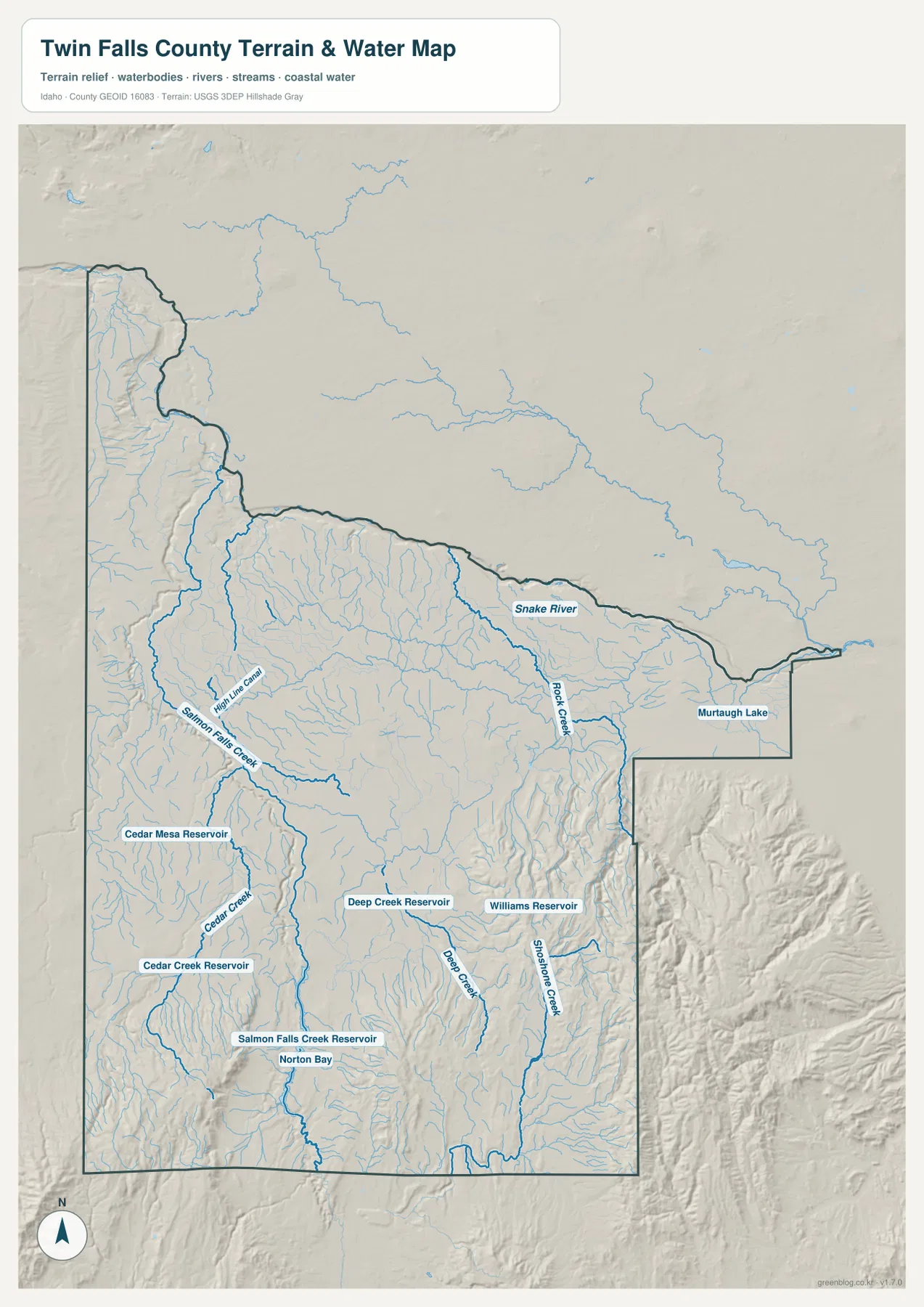 Twin Falls County terrain and water map showing the Snake River, Rock Creek, Salmon Falls Creek, canals, reservoirs, and shaded relief