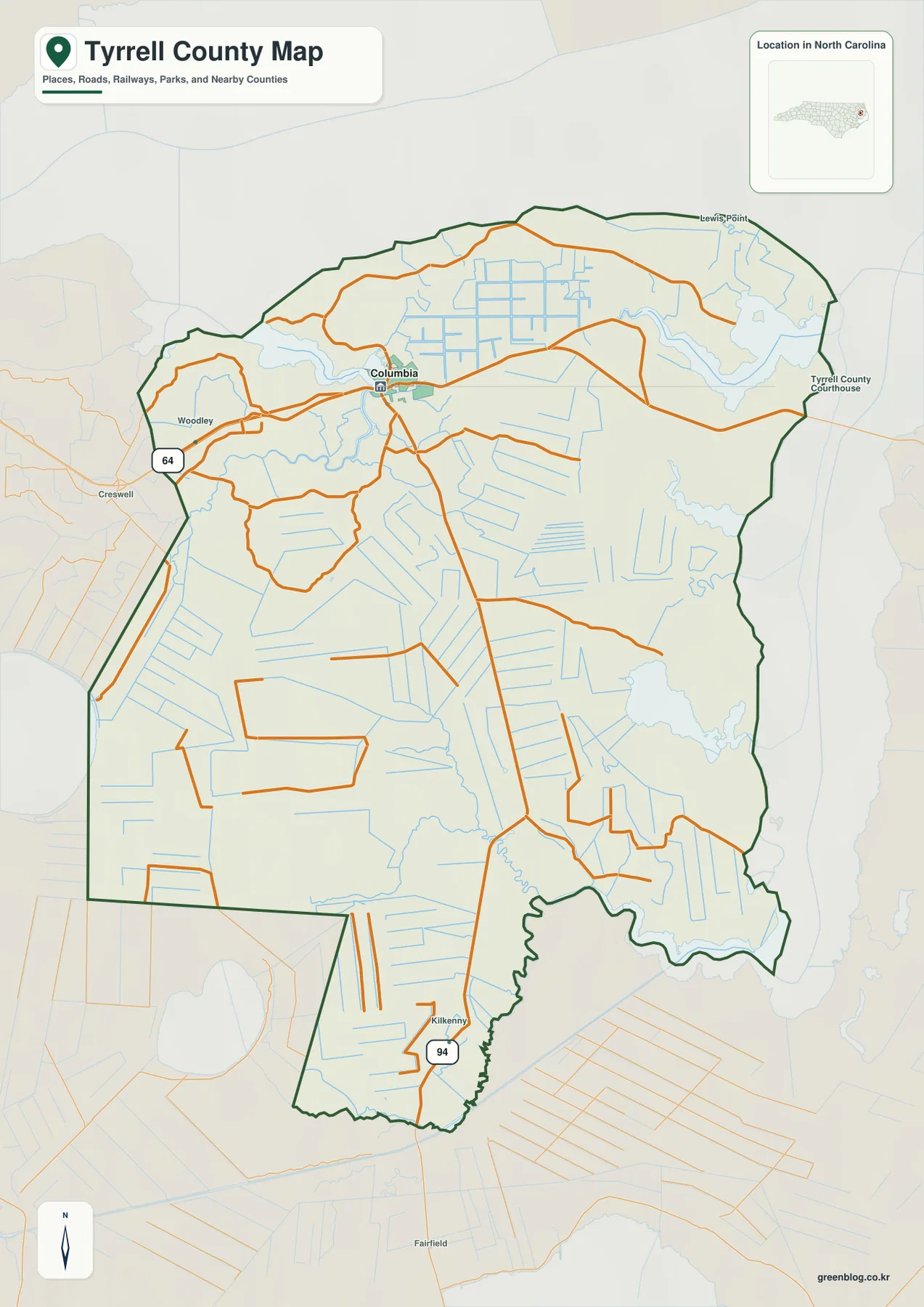 Tyrrell County North Carolina map showing Columbia Woodley Kilkenny routes 64 and 94
