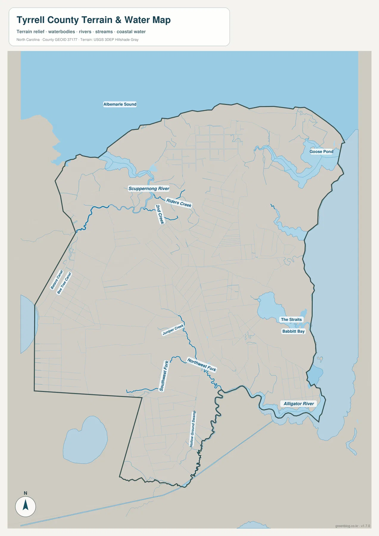 Tyrrell County terrain and water map showing Albemarle Sound Scuppernong River Alligator River and lowland streams