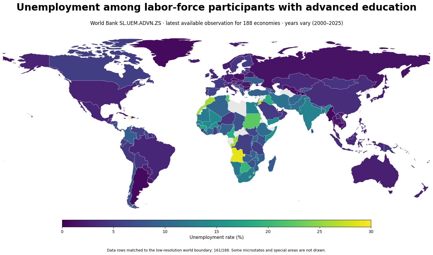 World map of the latest available unemployment rate among labor-force participants with advanced education