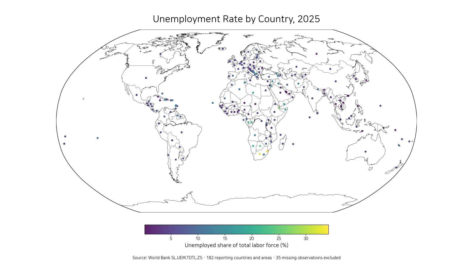 World map of unemployment rates by country in 2025