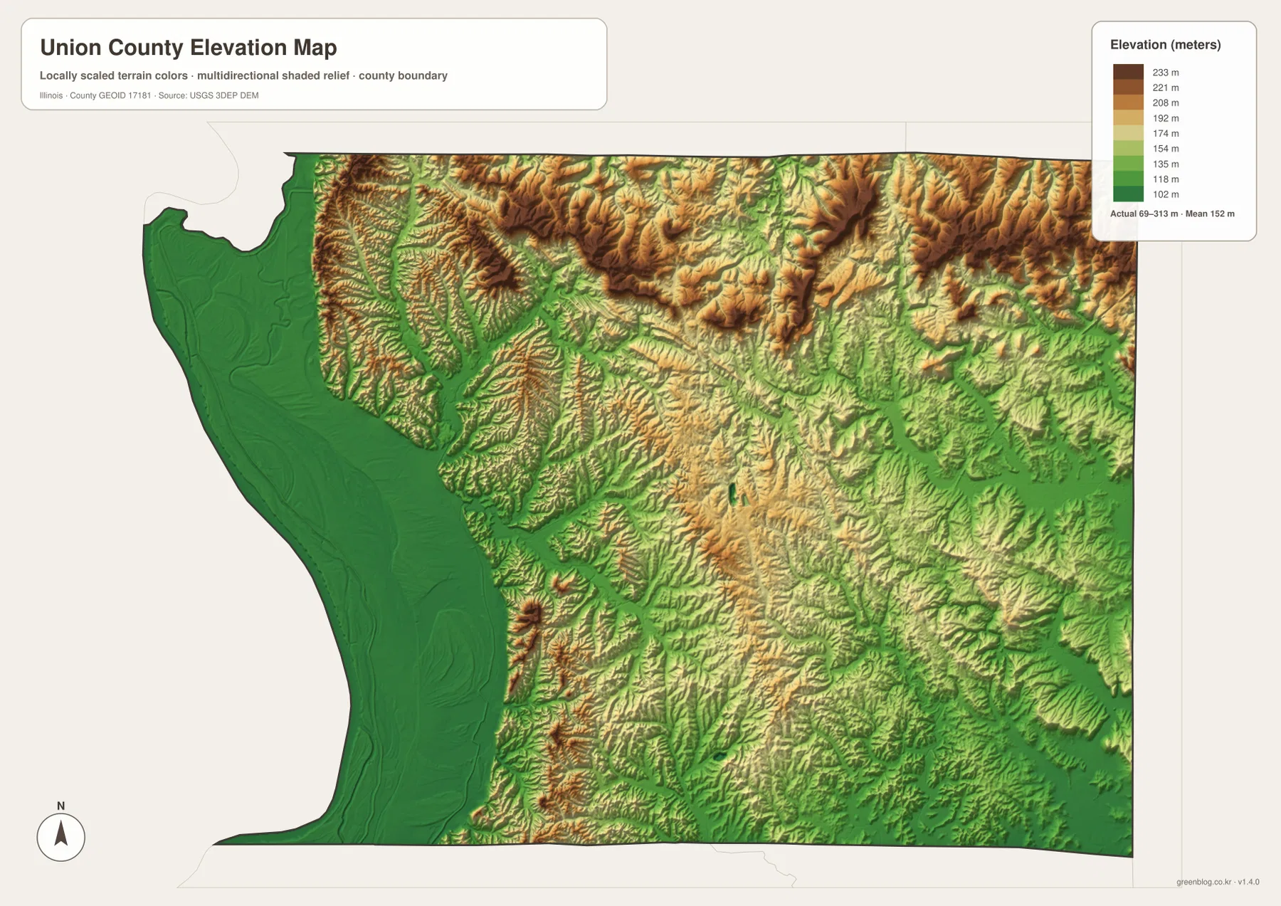 Union County Illinois elevation map showing an actual range of about 69 to 313 meters, a mean near 152 meters, broad western lowlands, and high northern and northeastern ridges