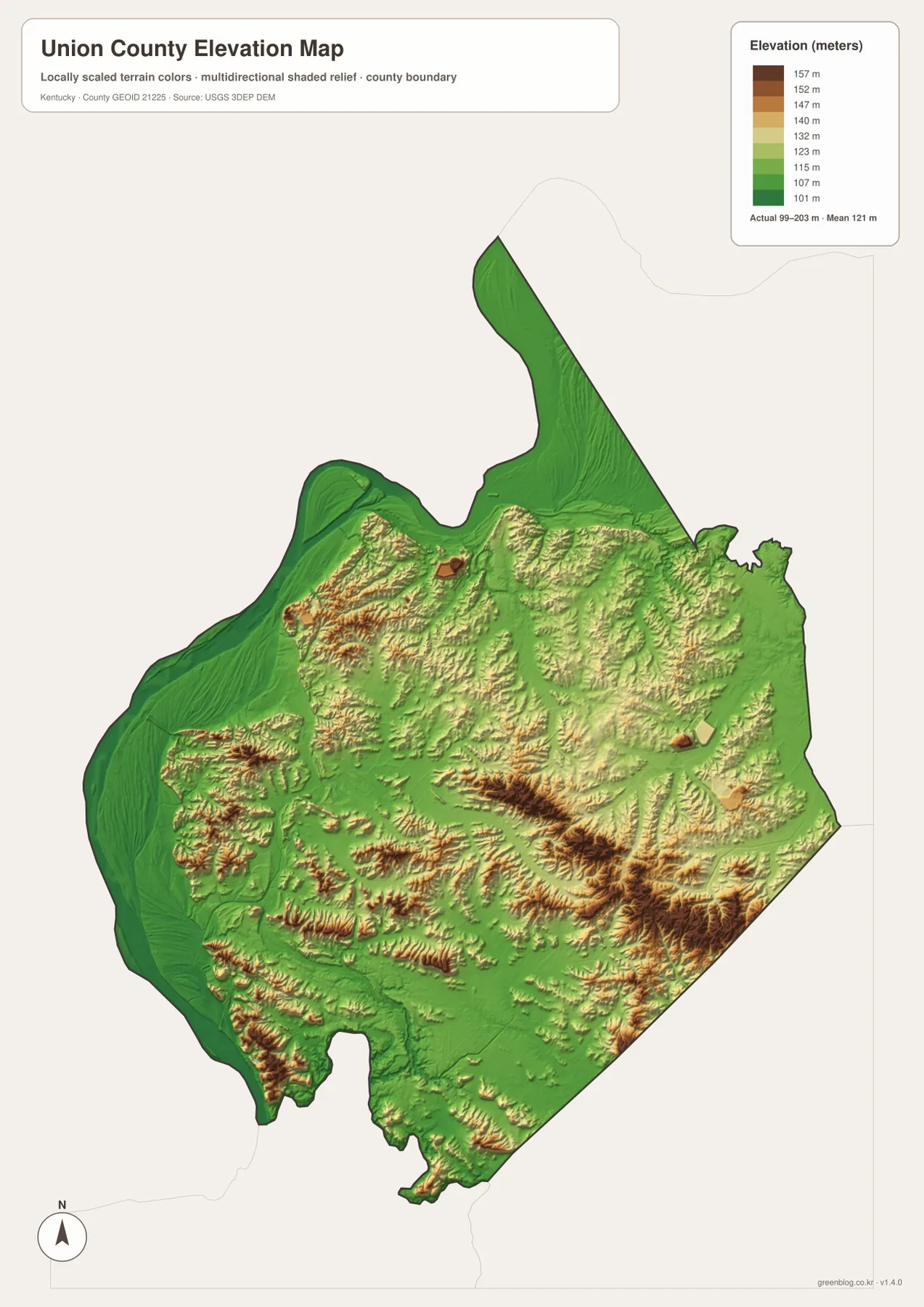 Union County Kentucky elevation map showing an actual range of about 99 to 203 meters and a mean near 121 meters