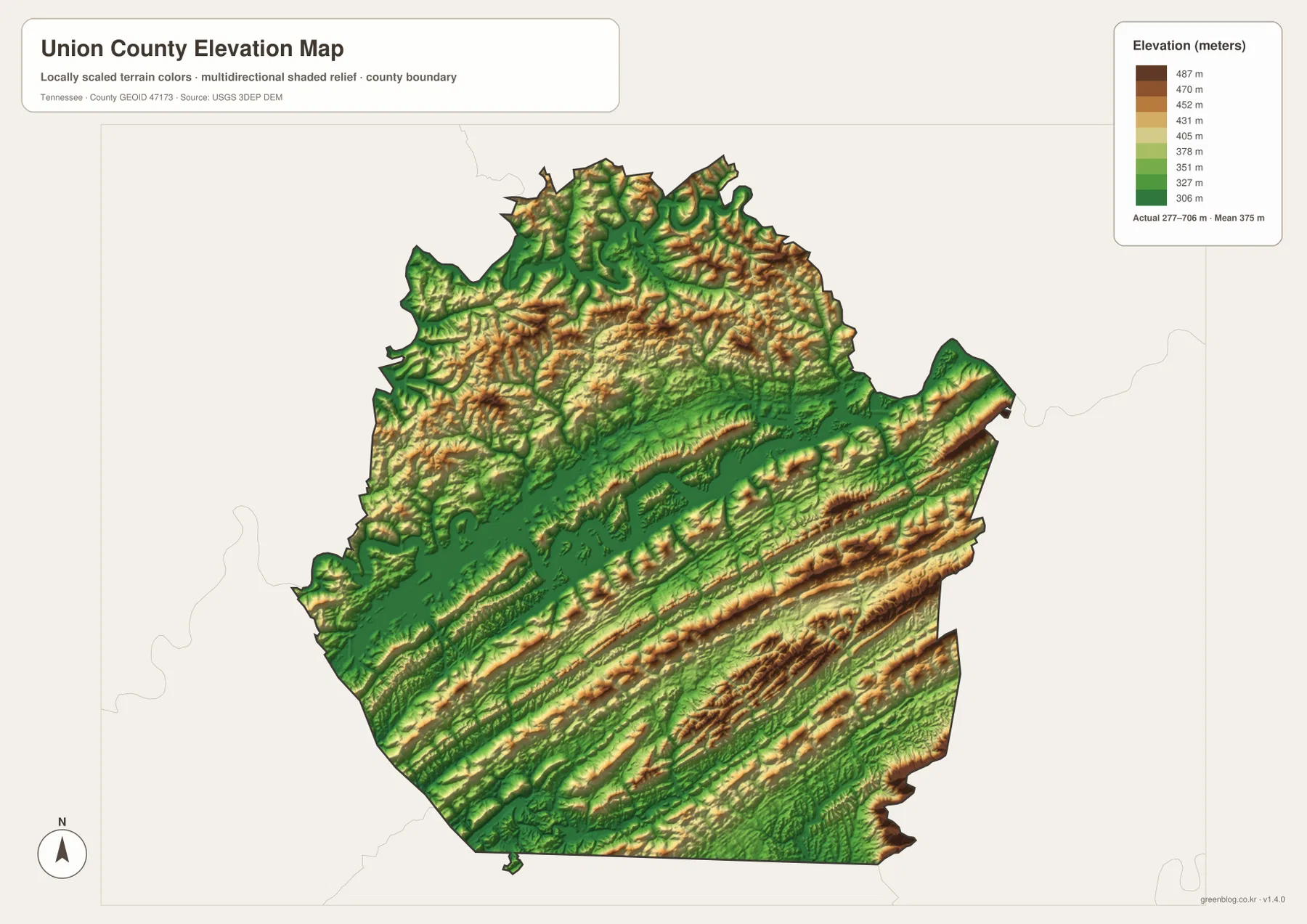 Union County Tennessee elevation map showing Norris Lake lowlands and parallel ridges from about 277 to 706 meters
