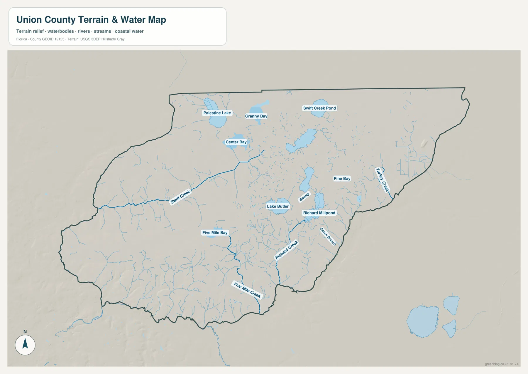 Lake Butler, Swift Creek, Richard Creek, Five Mile Creek와 여러 호수가 표시된 유니언 카운티 수역 지도