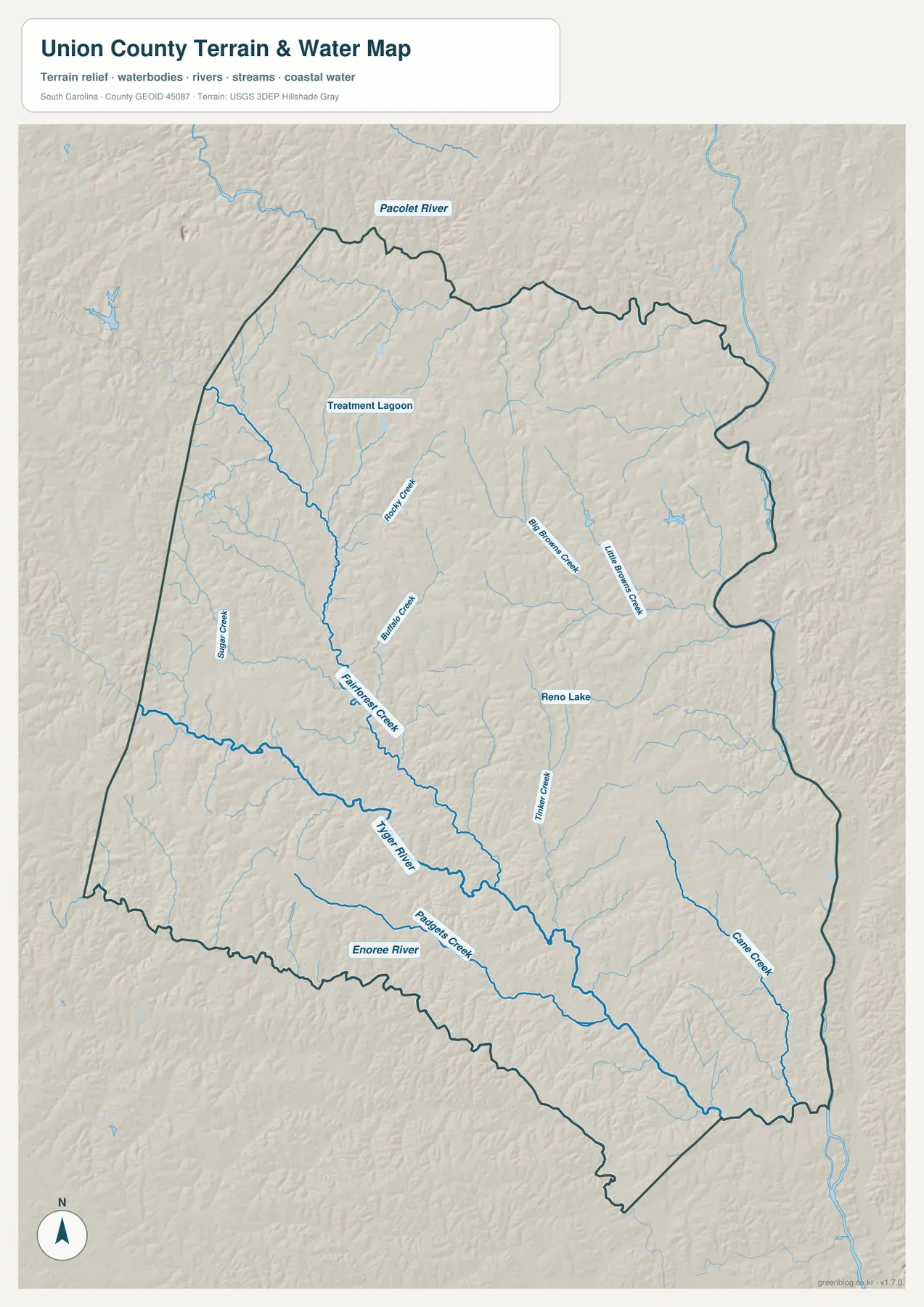 Union County terrain and water map with Fairforest Creek, Tyger River, Enoree River, Buffalo Creek and other streams