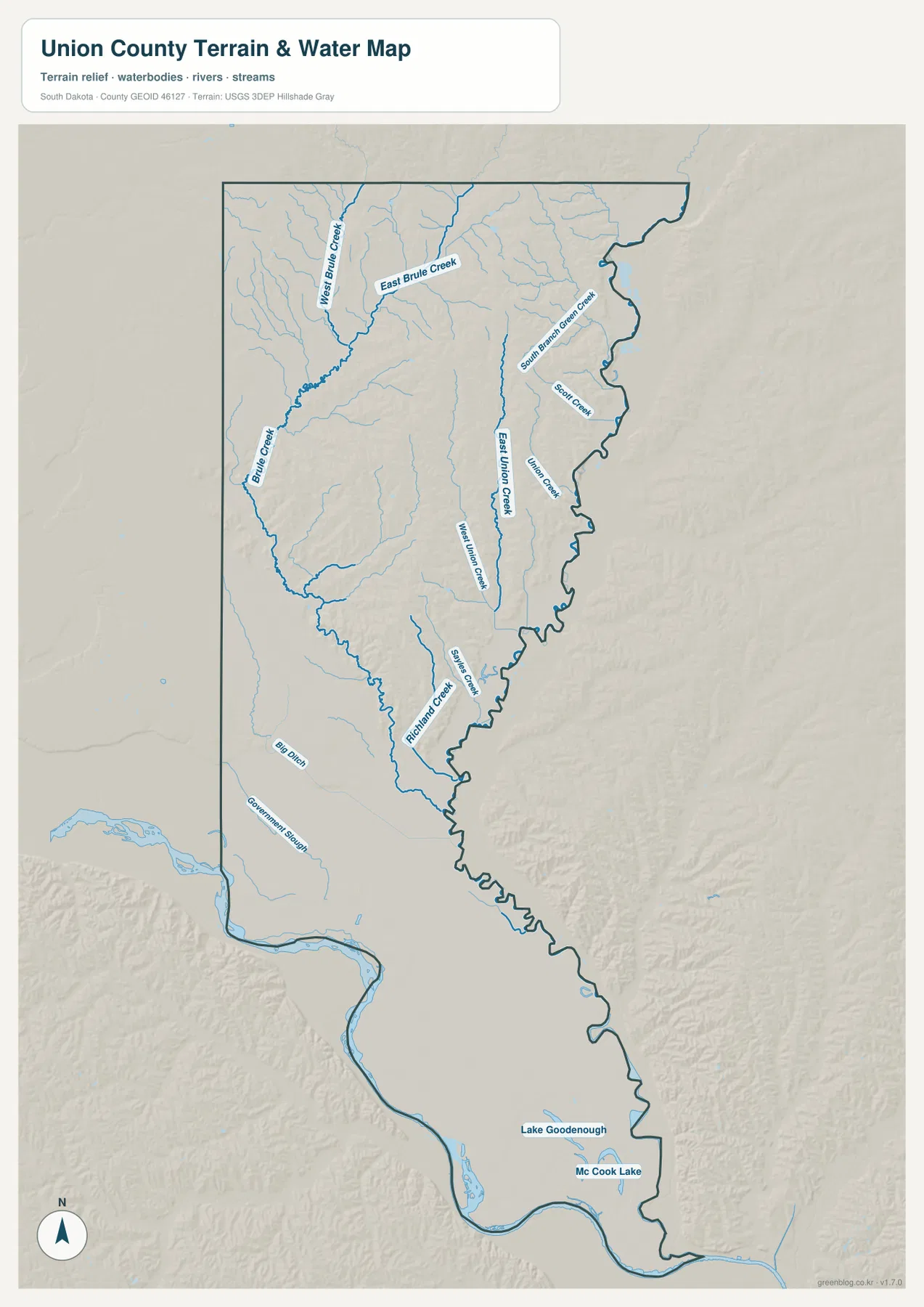 유니언 카운티 수역 지도에 Brule Creek, Union Creek 지류, Richland Creek, McCook Lake가 표시된 모습