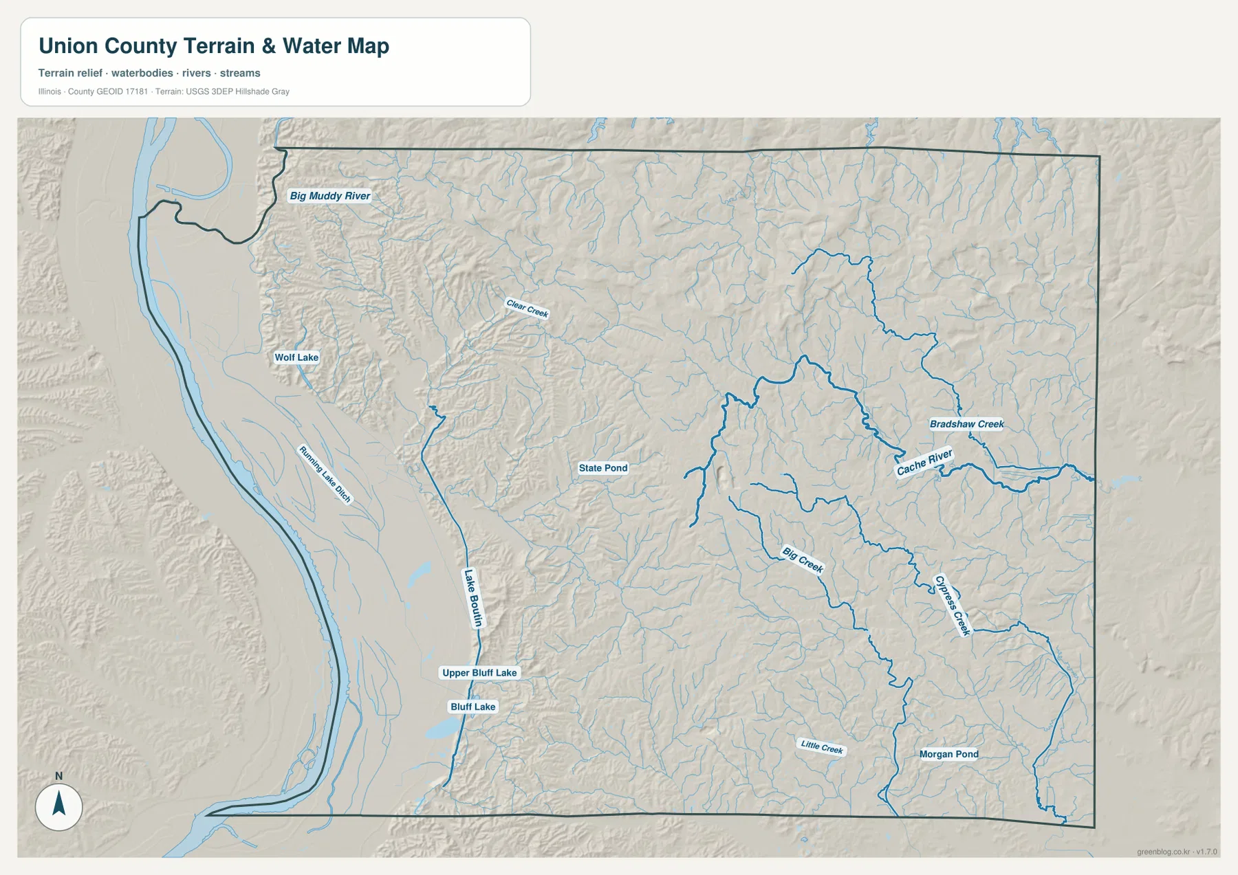 Union County terrain and water map showing Big Muddy River, Cache River, Bradshaw Creek, Big Creek, Cypress Creek, Wolf Lake, and Bluff Lake