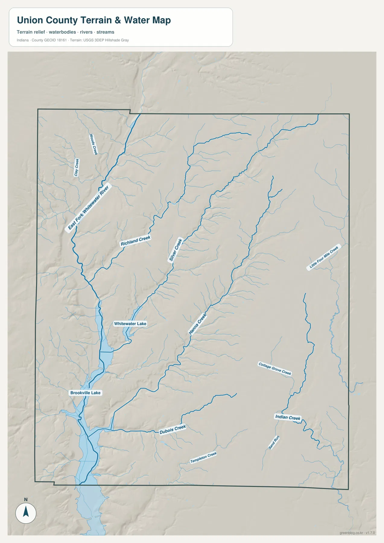 Union County 수역 지도에 East Fork Whitewater River, Whitewater Lake, Brookville Lake, Richland Creek, Silver Creek, Hanna Creek, Indian Creek가 표시된 모습