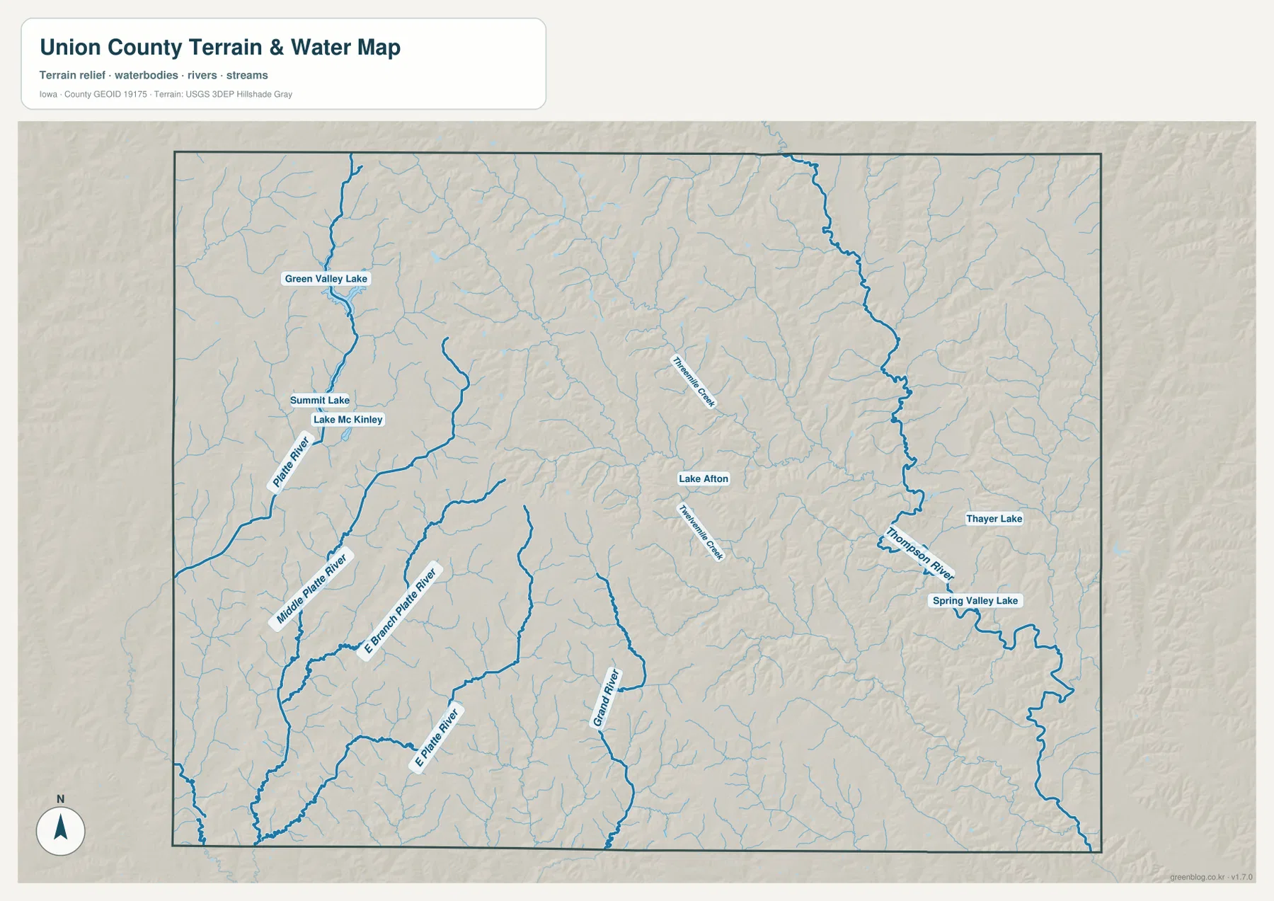 Green Valley Lake, Summit Lake, Lake Afton, Platte River, Thompson River와 지류를 보여 주는 유니언 카운티 수역 지도