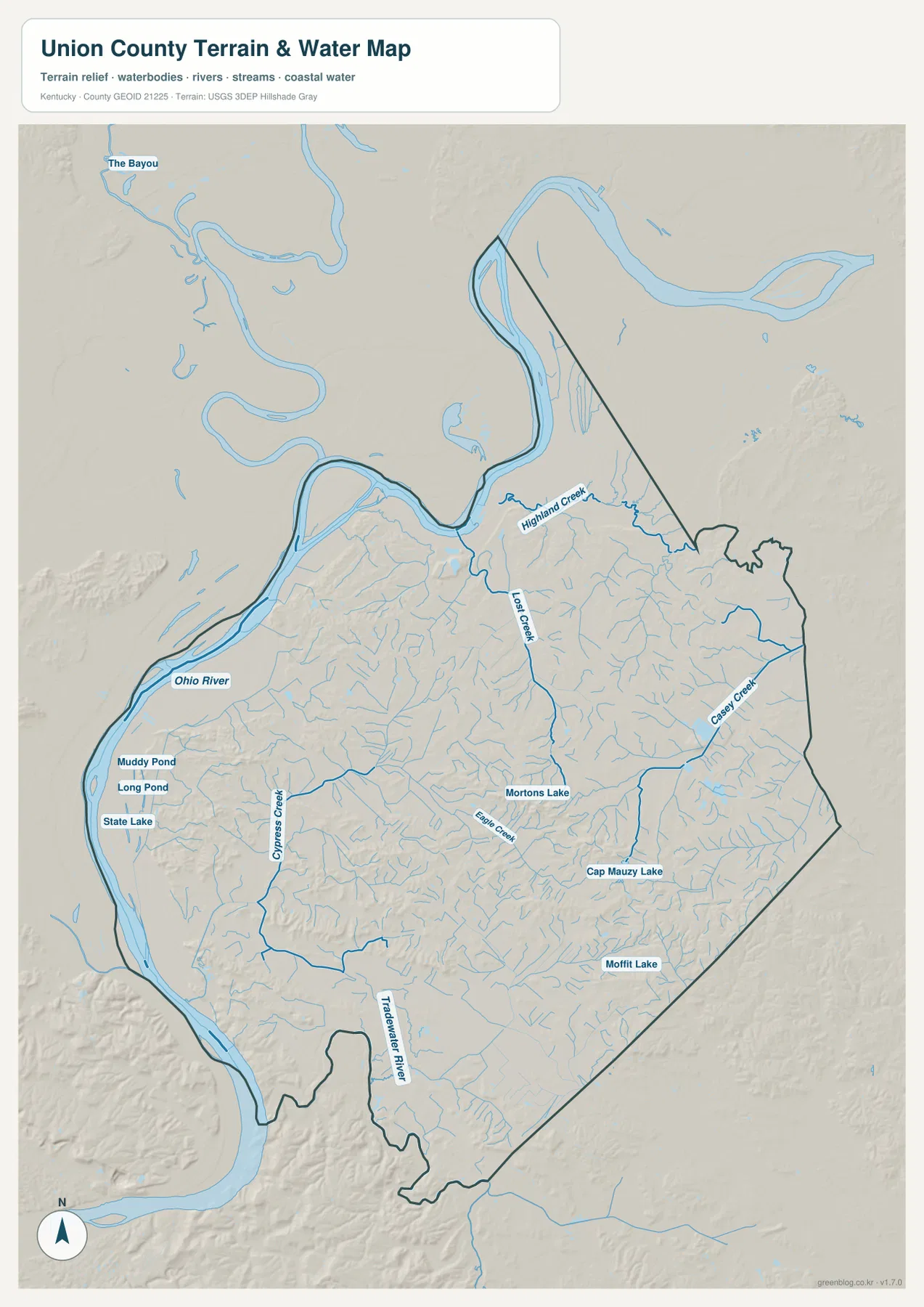Union County terrain and water map with the Ohio River, Tradewater River, Highland Creek, Lost Creek, Casey Creek, Cypress Creek, Eagle Creek, and lakes