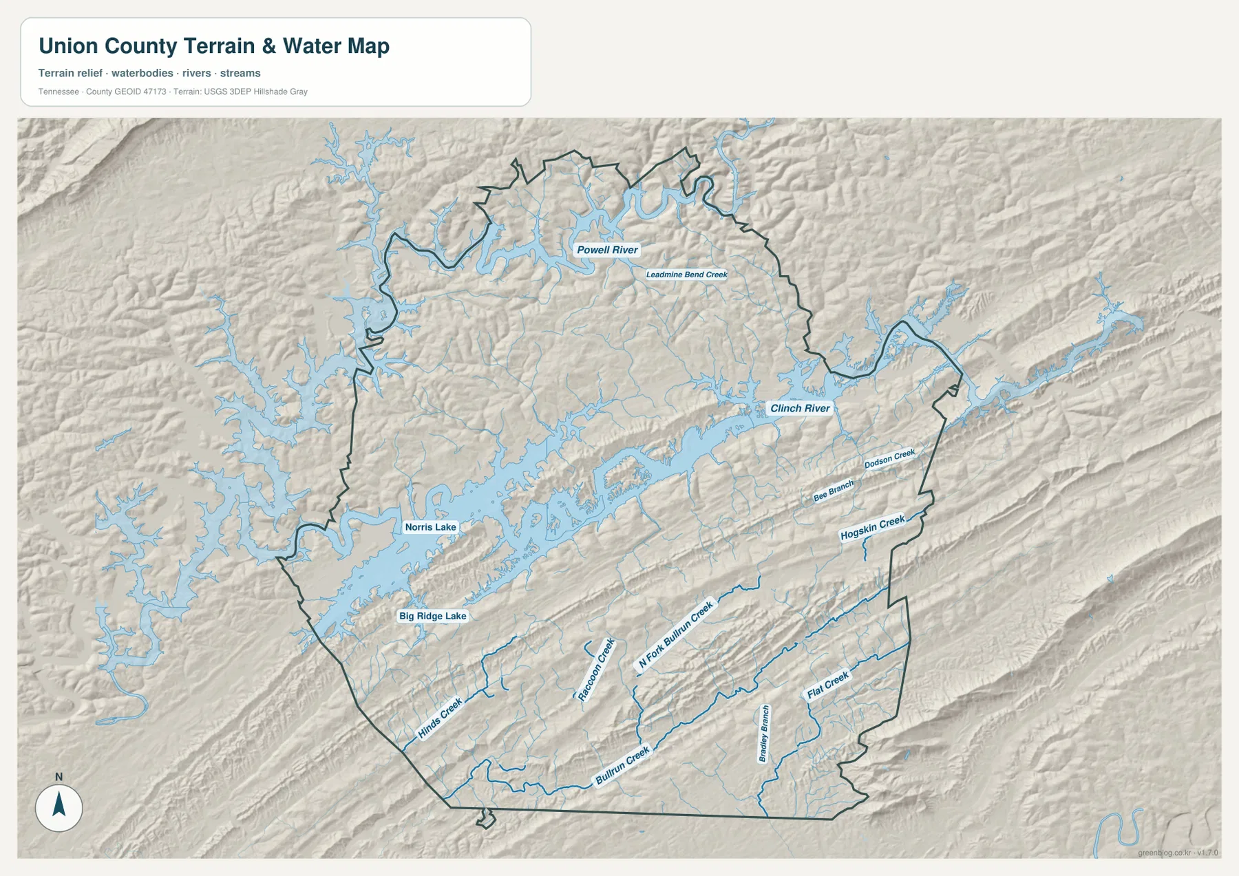Union County water map showing Norris Lake, Powell River, Clinch River, Bullrun Creek, and tributaries