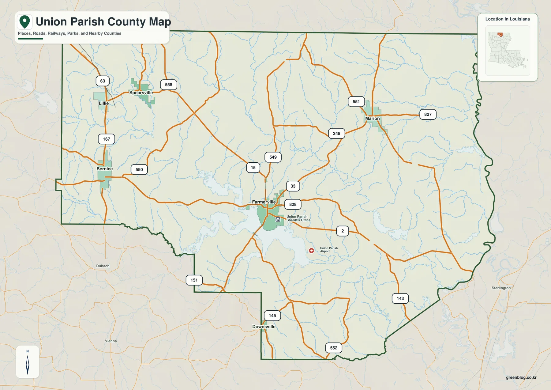 Union Parish map showing Farmerville, Bernice, Spearsville, Lillie, Marion, Downsville, LA 2, LA 15, LA 33, and U.S. 167