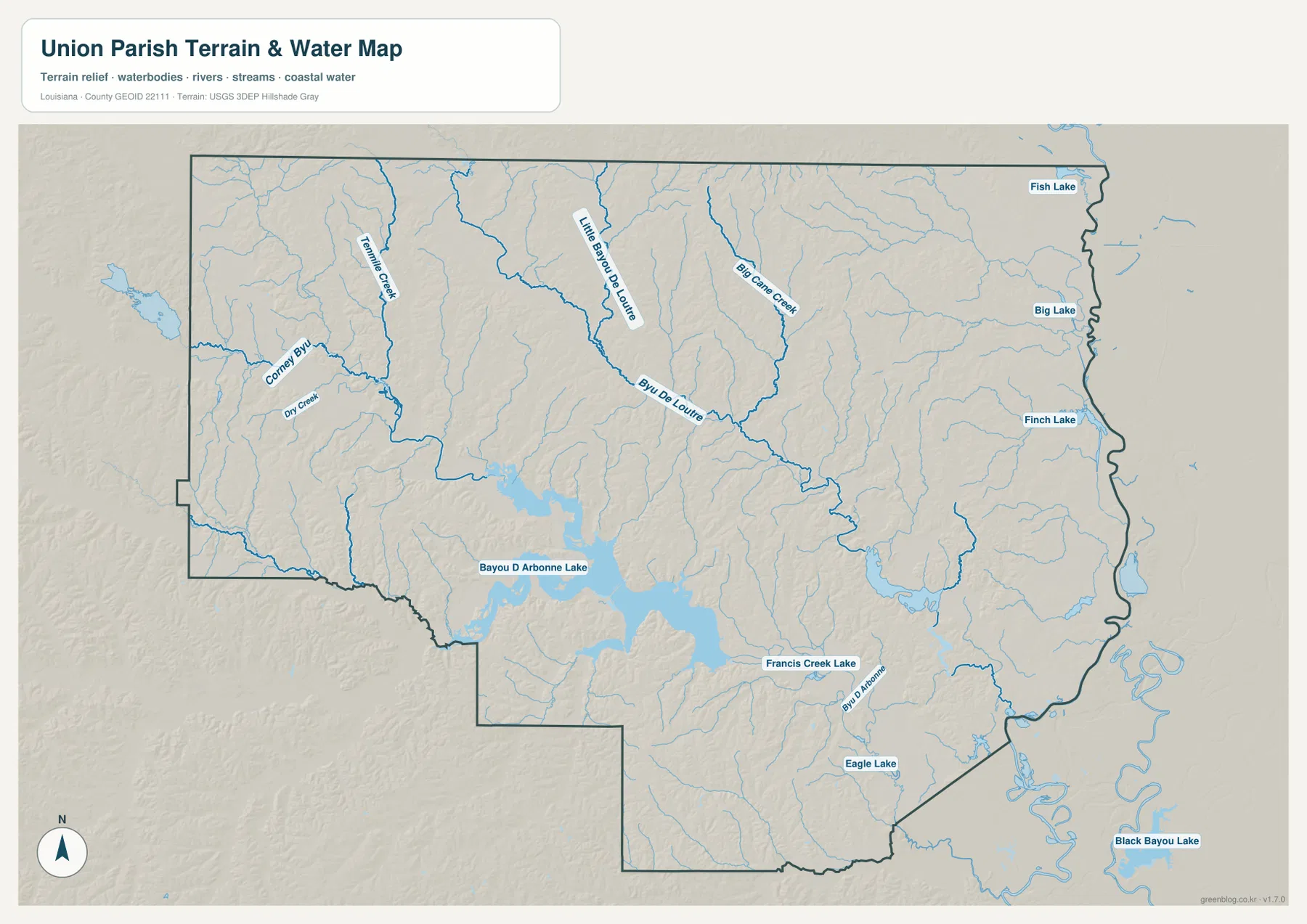 Union Parish water map showing Lake D’Arbonne, Bayou de Loutre, Little Bayou de Loutre, Big Cane Creek, Trimble Creek, Francis Creek Lake, and Fish Lake