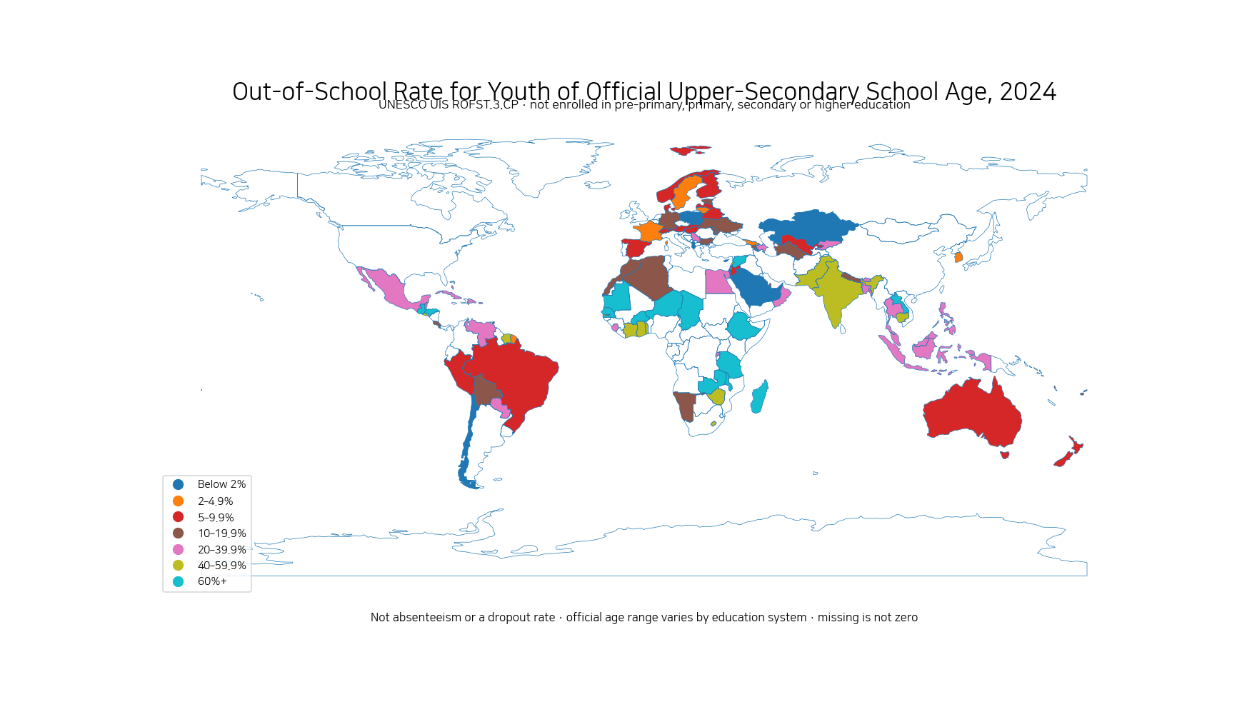 World map of the 2024 out-of-school rate for youth of official upper-secondary school age