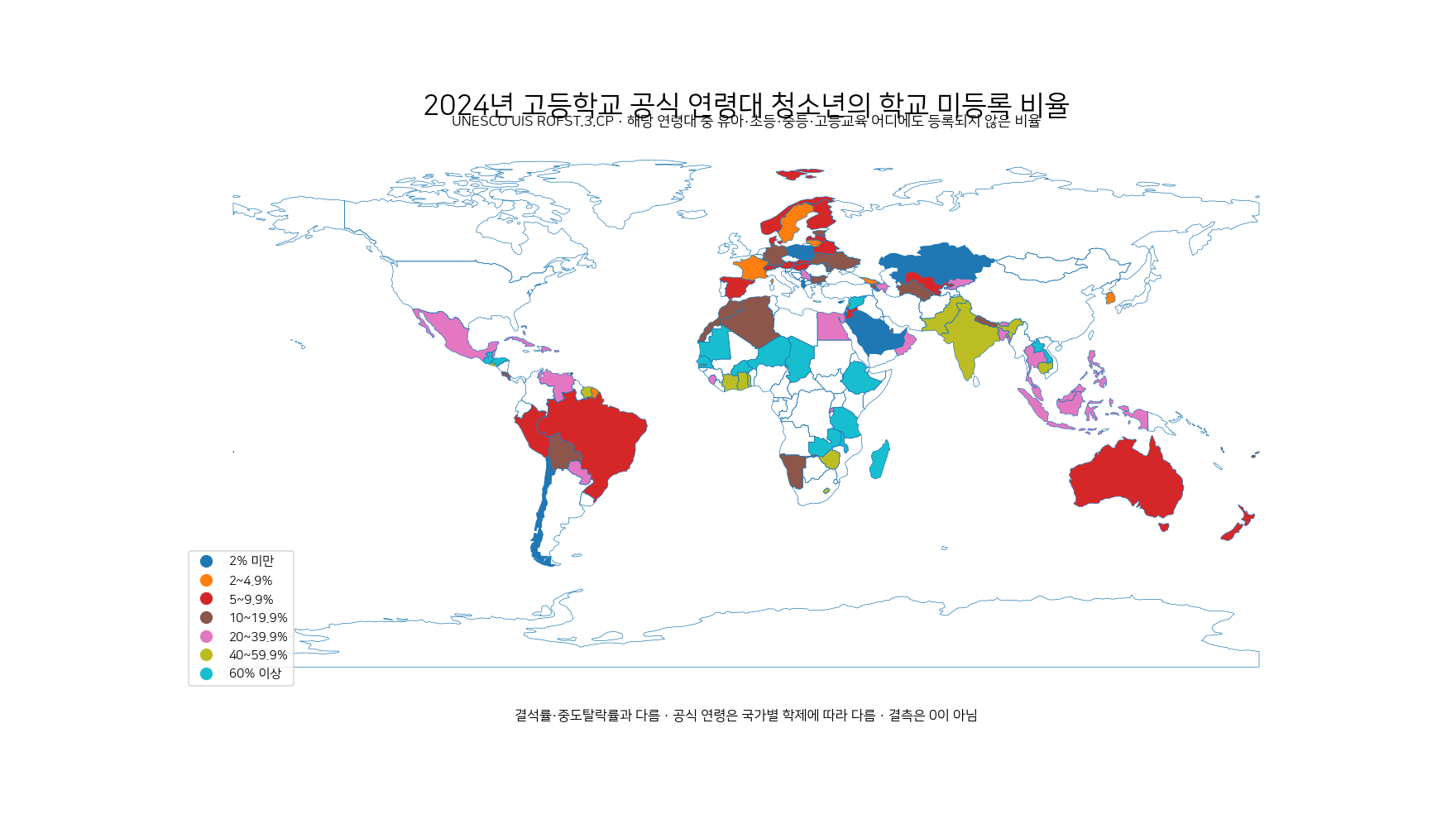 2024년 고등학교 공식 연령대 청소년 중 학교에 등록되지 않은 비율을 국가별로 표시한 세계 지도