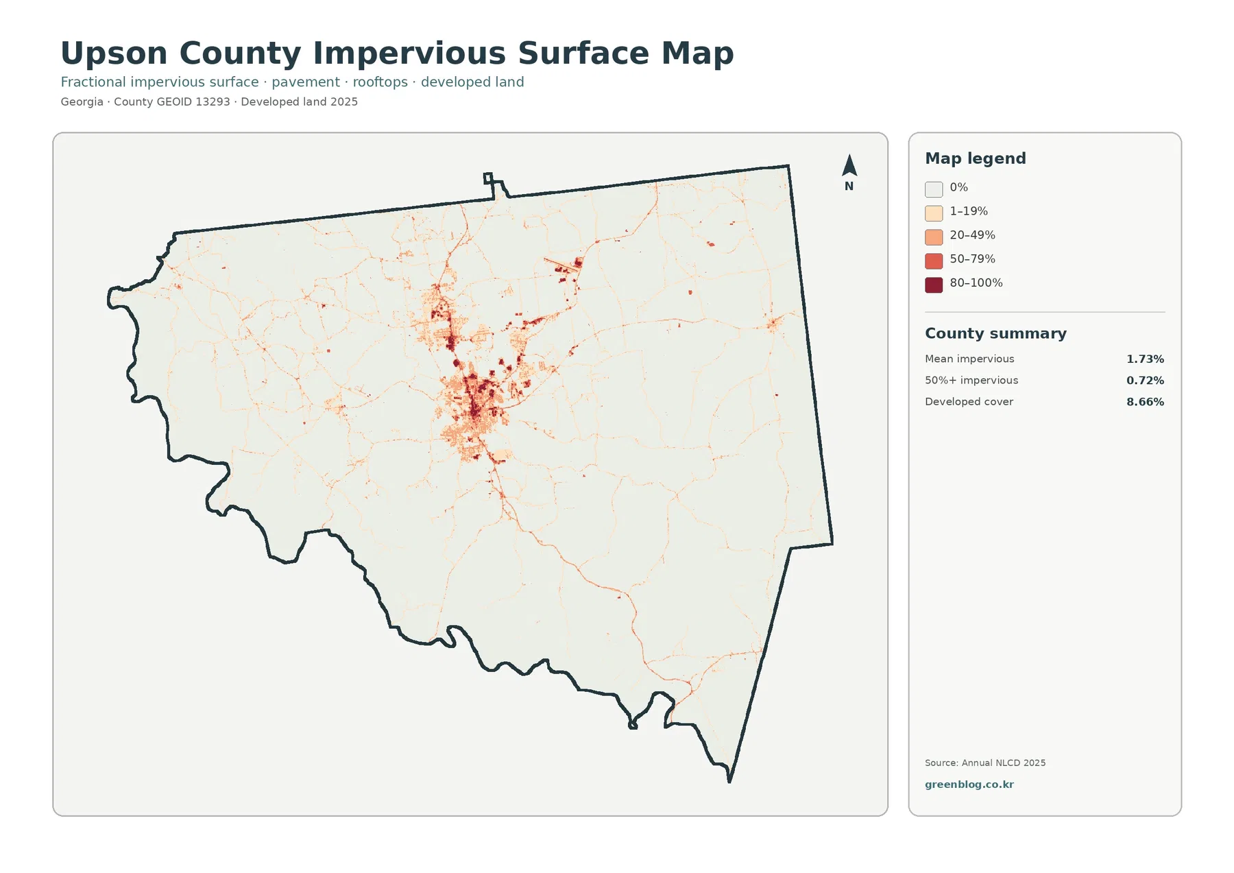 Upson County impervious surface and developed land map
