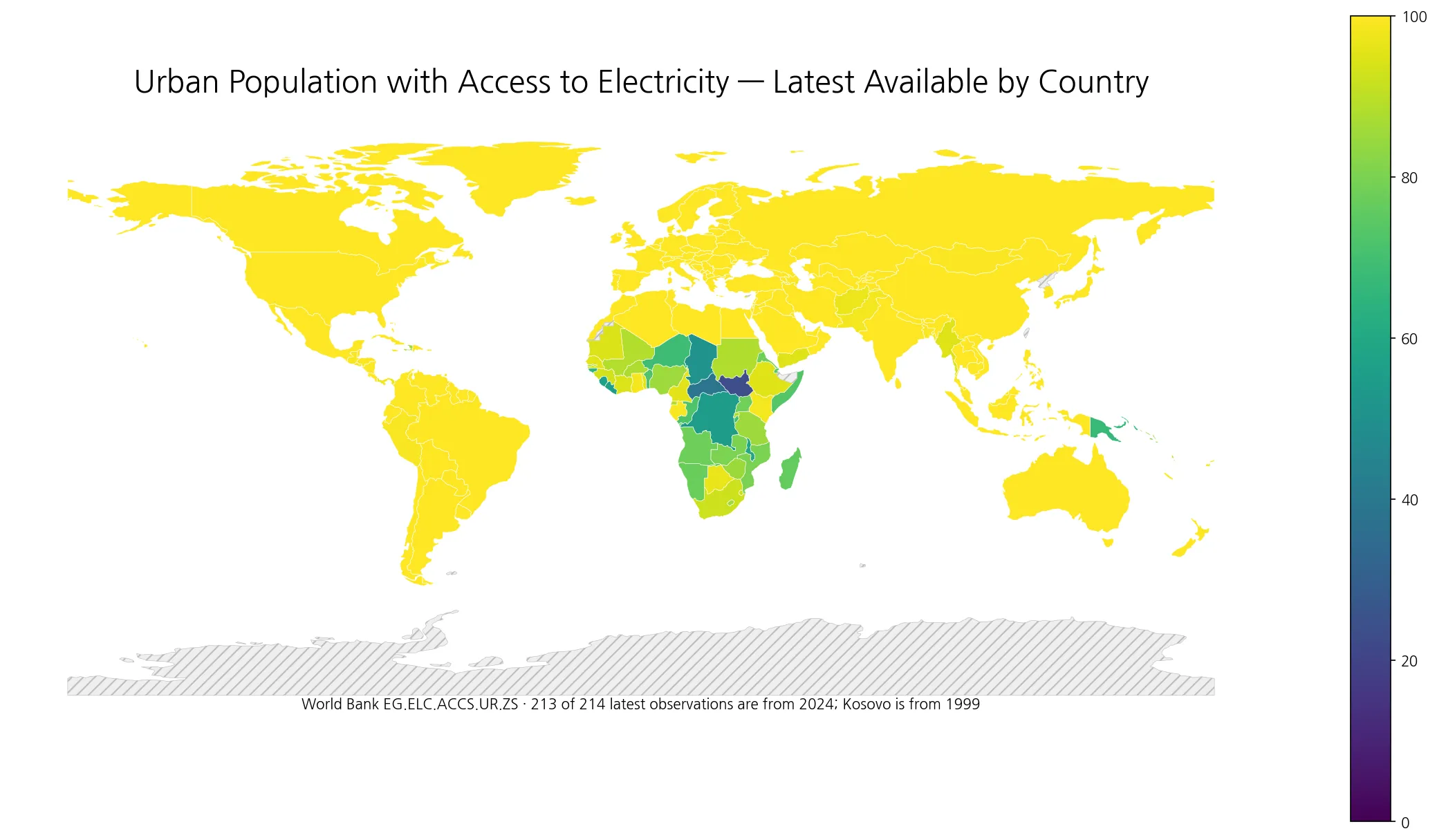 World map of the share of urban population with access to electricity