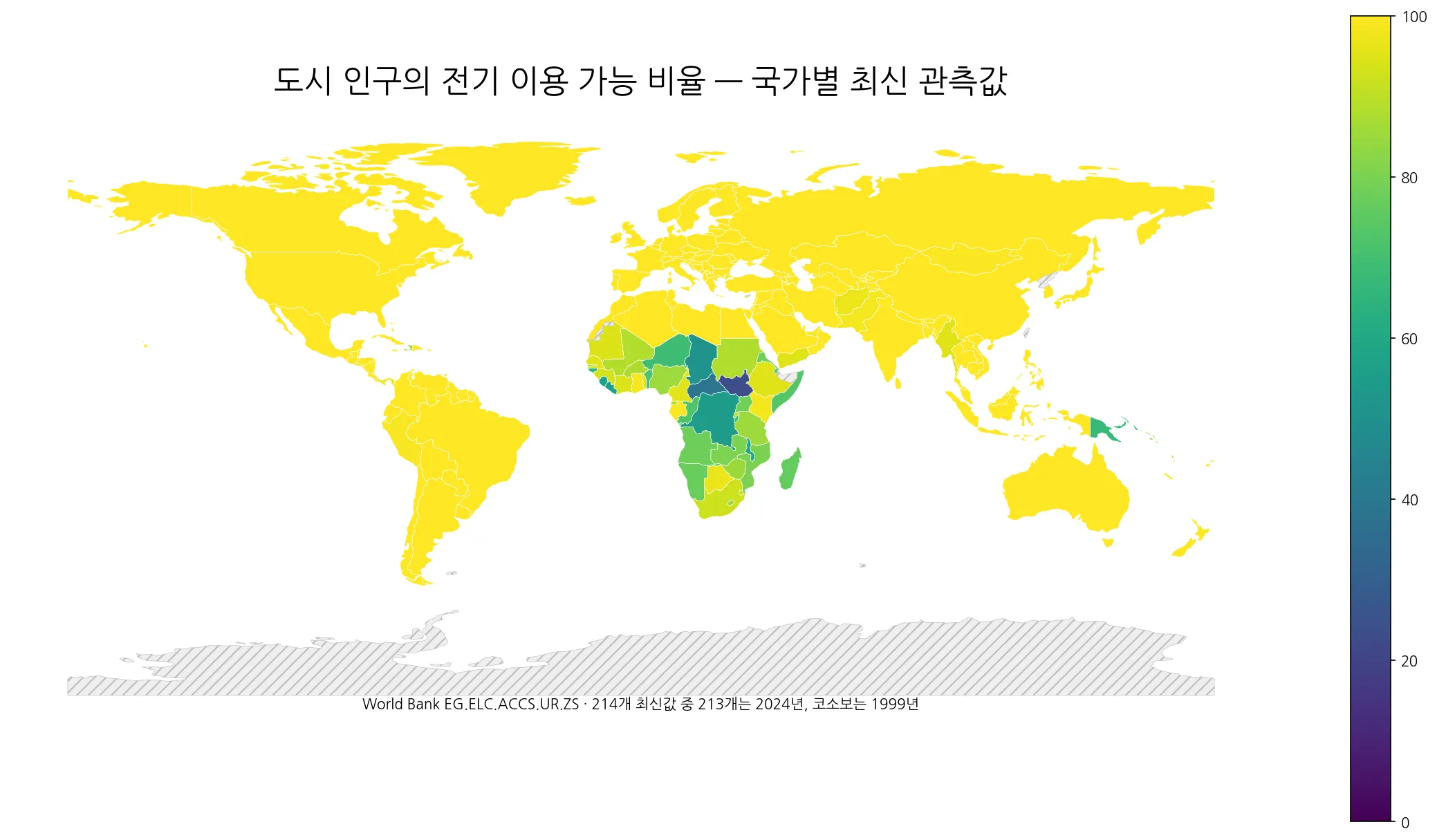 도시 인구의 전기 이용 가능 비율 국가별 세계 지도