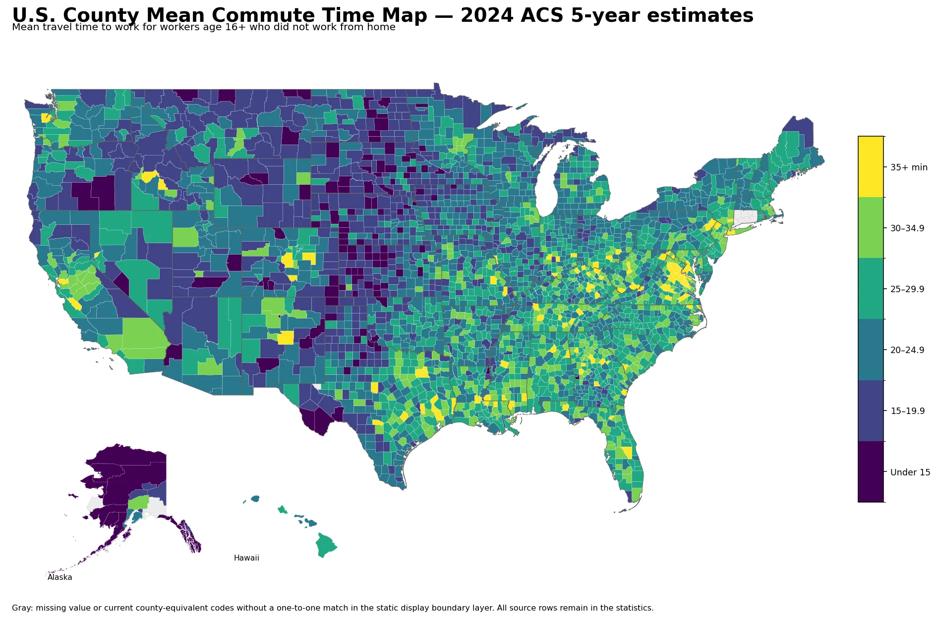 U.S. county mean commute time map using 2024 ACS 5-year estimates