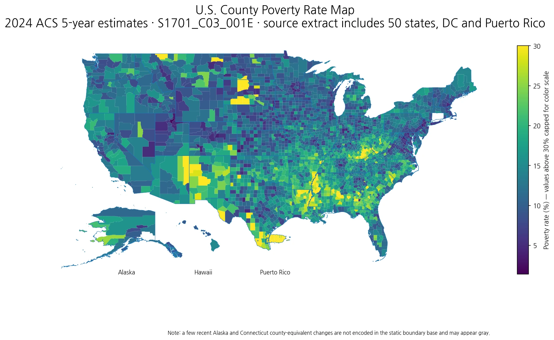 U.S. county poverty rate map using 2024 ACS 5-year estimates