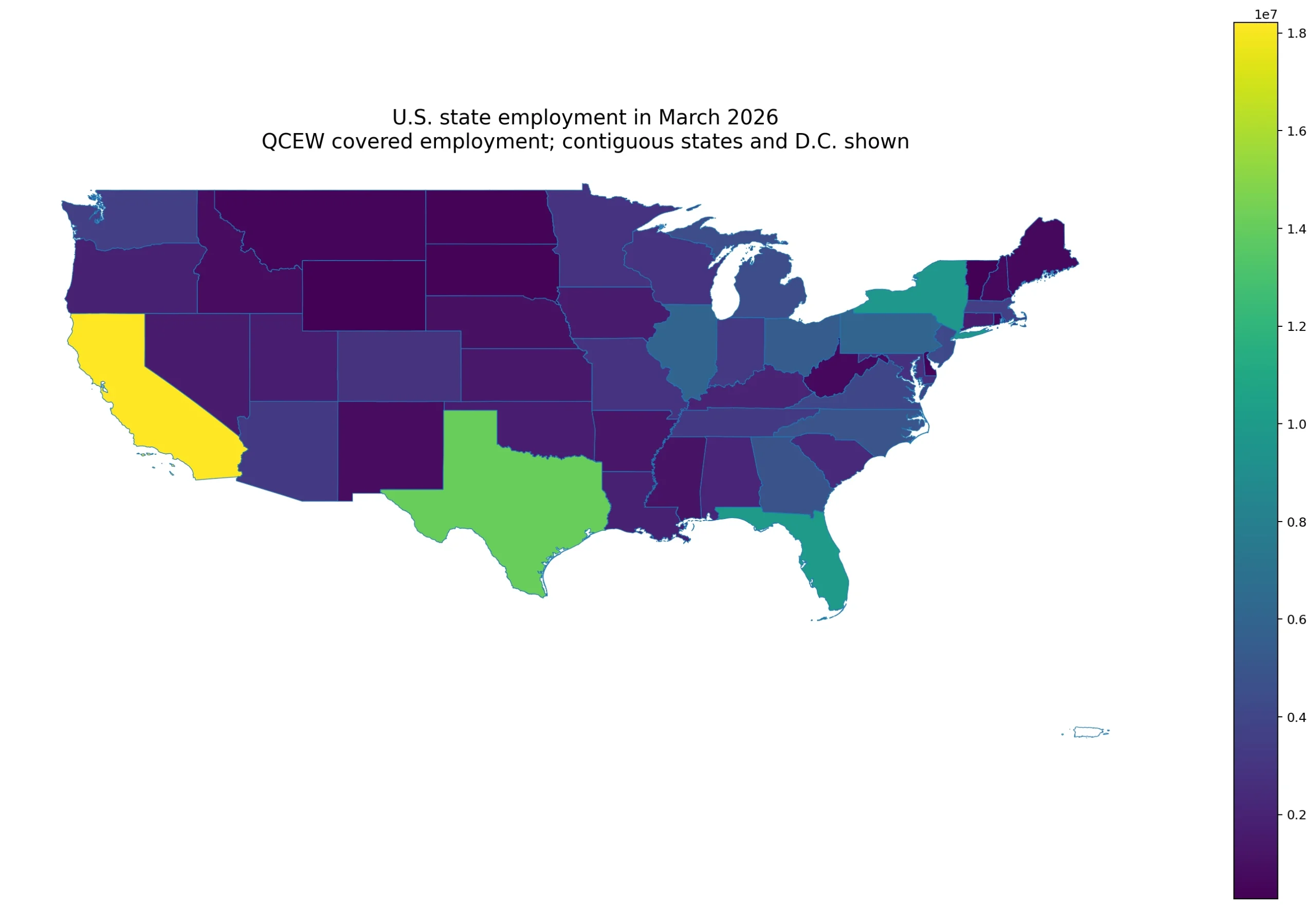 Map of U.S. state QCEW employment in March 2026
